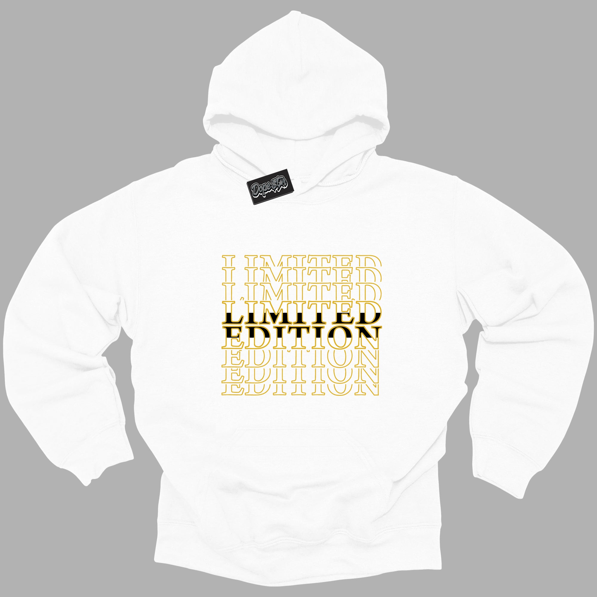 Cool White Hoodie with “Limited Edition ” design that Perfectly Matches Yellow Ochre 6s Sneakers.
