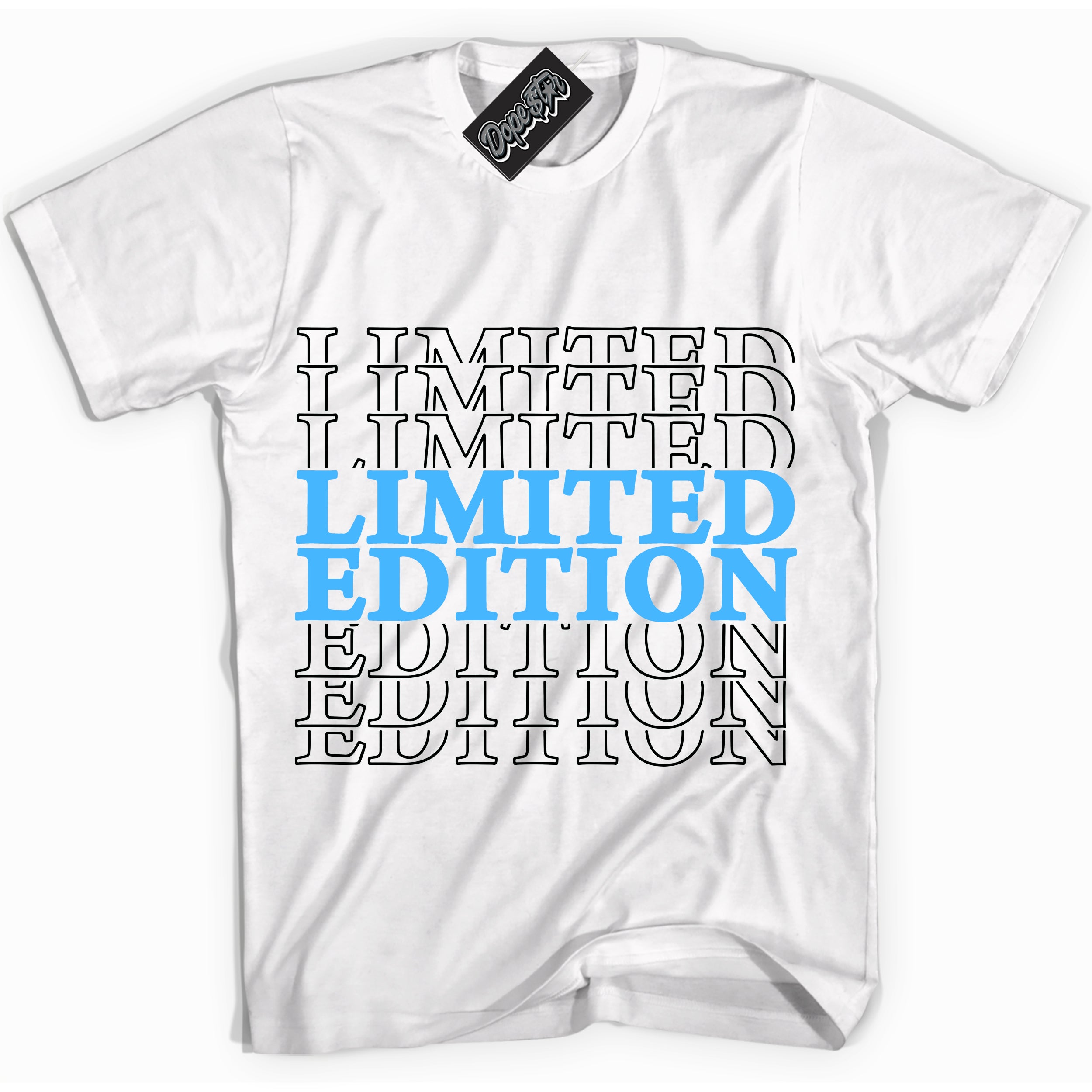 Cool White graphic tee with “ Limited Edition ” design, that perfectly matches Powder Blue 9s sneakers