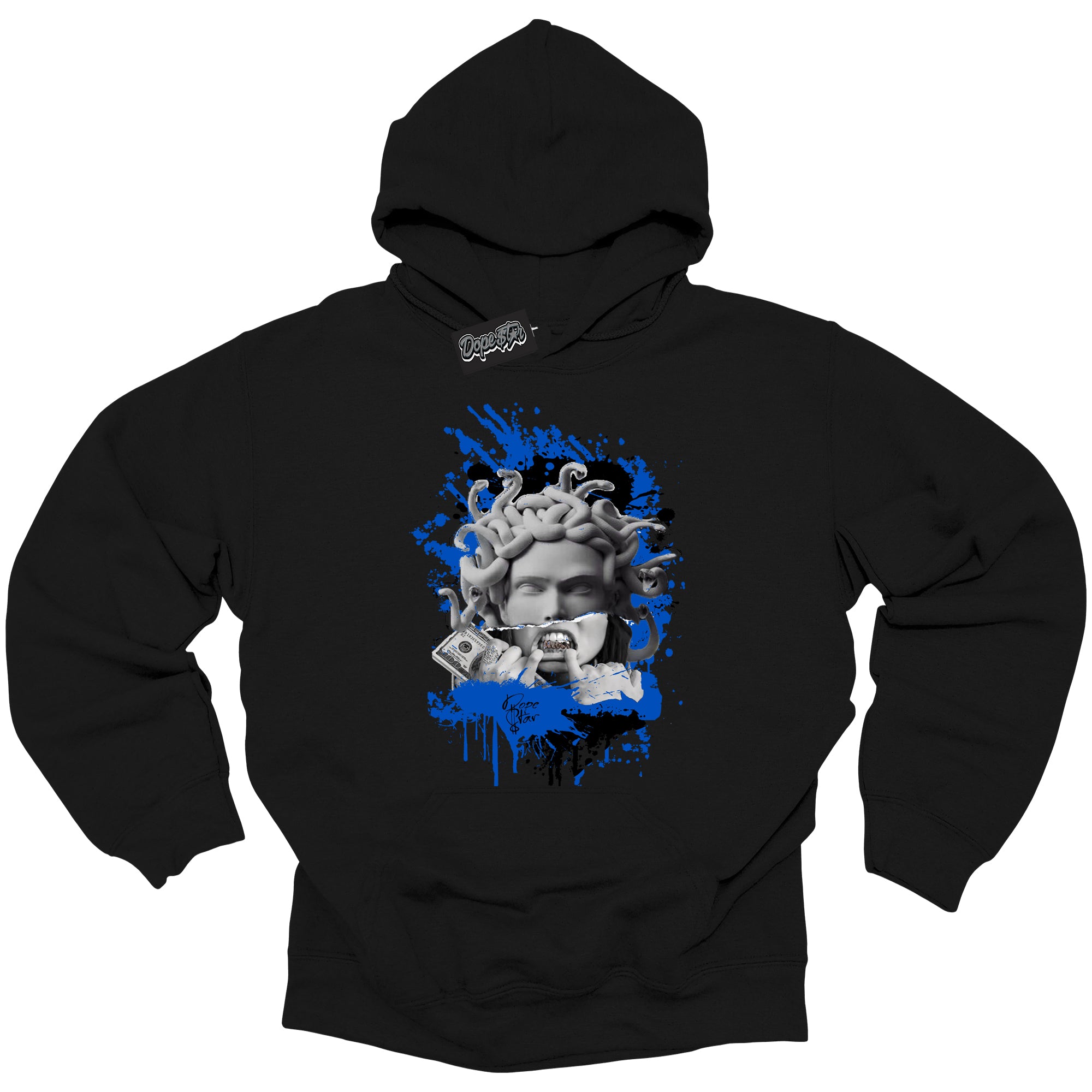 Cool Black Hoodie with “ Medusa ” design that Perfectly Matches Royal Reimagined 1s Sneakers.