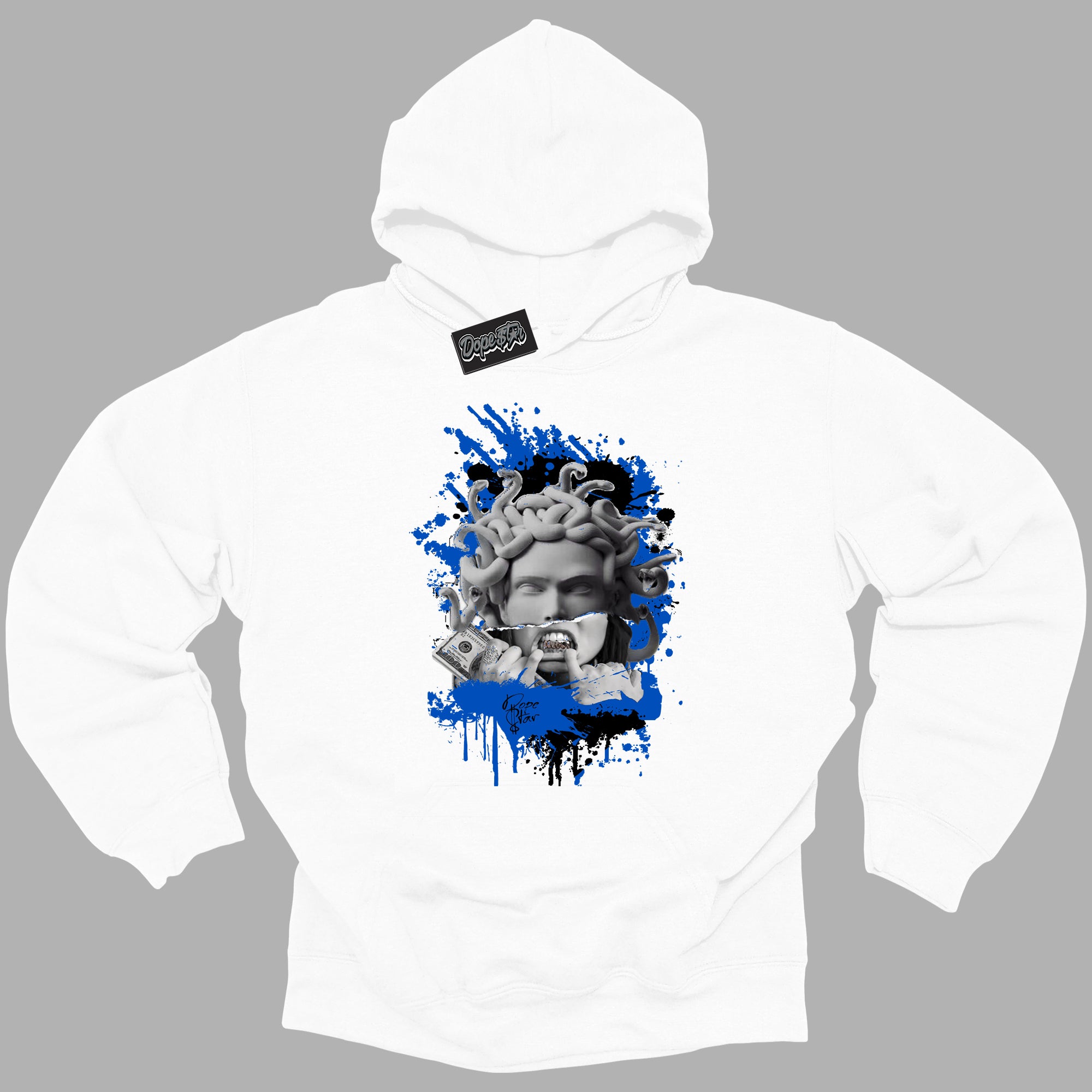 Cool White Hoodie with “ Medusa ” design that Perfectly Matches Royal Reimagined 1s Sneakers.