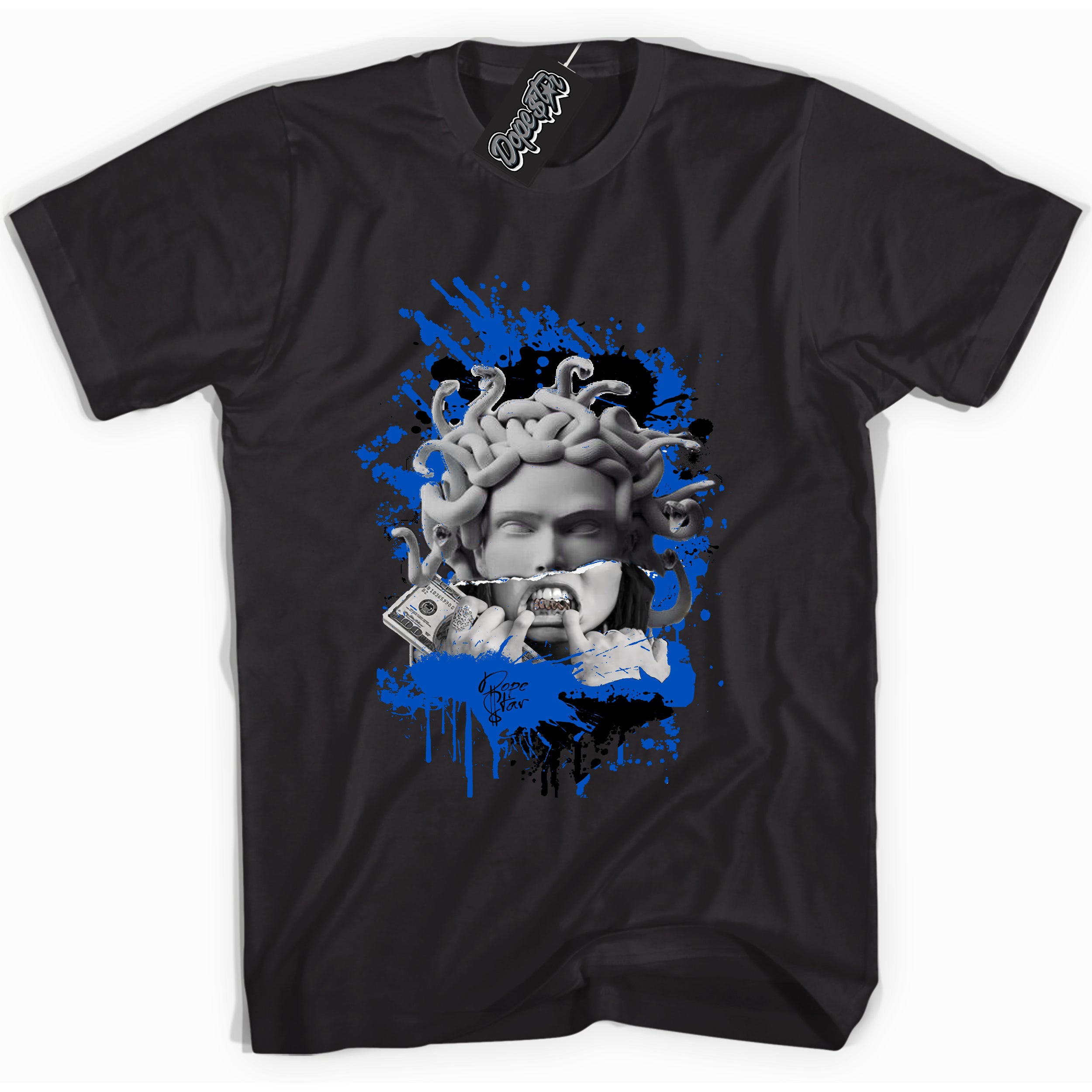 Cool Black graphic tee with "Medusa" design, that perfectly matches Royal Reimagined 1s sneakers