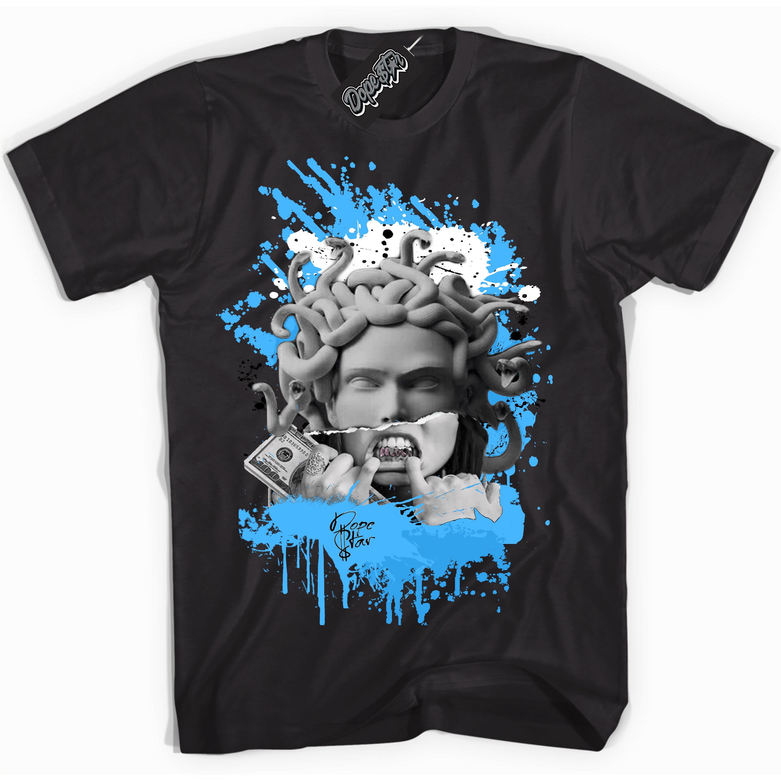 Cool Black graphic tee with “ Medusa ” design, that perfectly matches Powder Blue 9s sneakers
