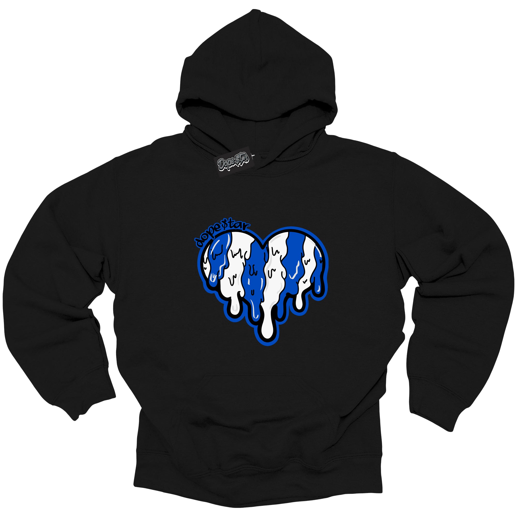 Cool Black Hoodie with “ Melting Heart ” design that Perfectly Matches Royal Reimagined 1s Sneakers.
