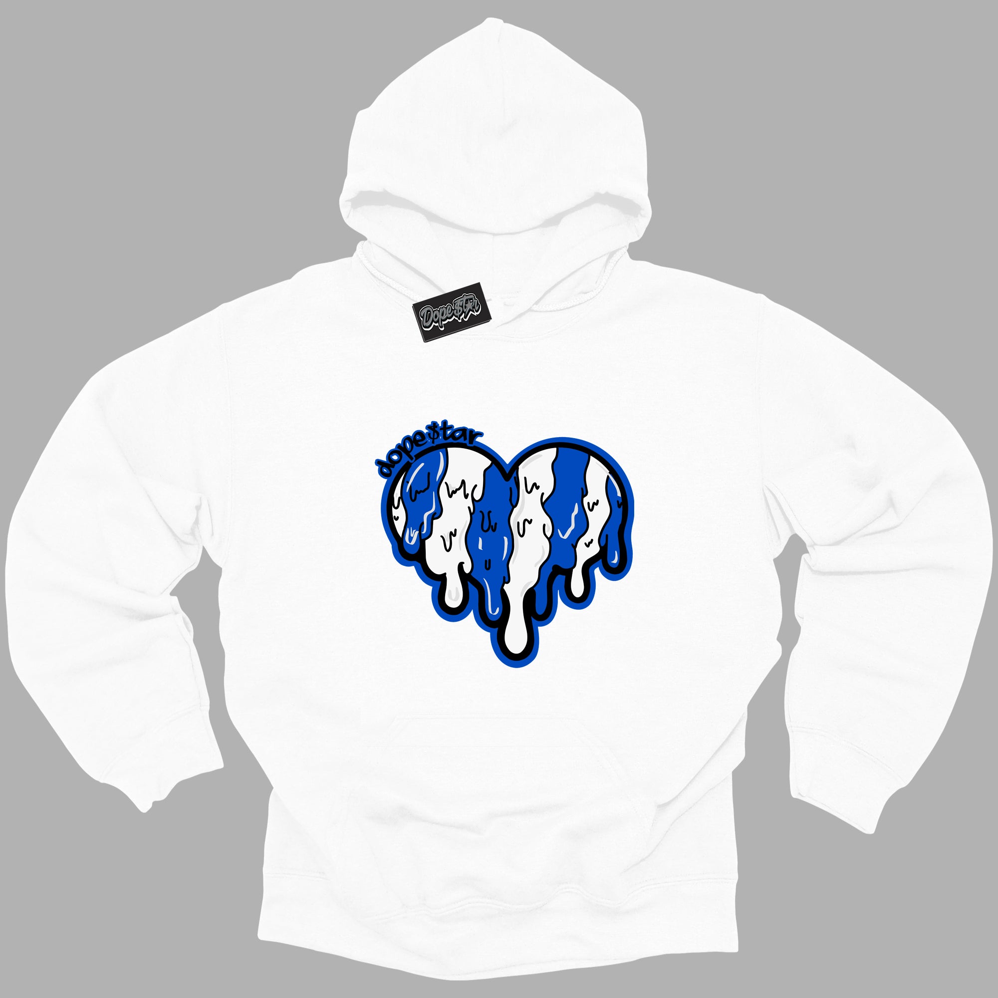 Cool White Hoodie with “ Melting Heart ” design that Perfectly Matches Royal Reimagined 1s Sneakers.