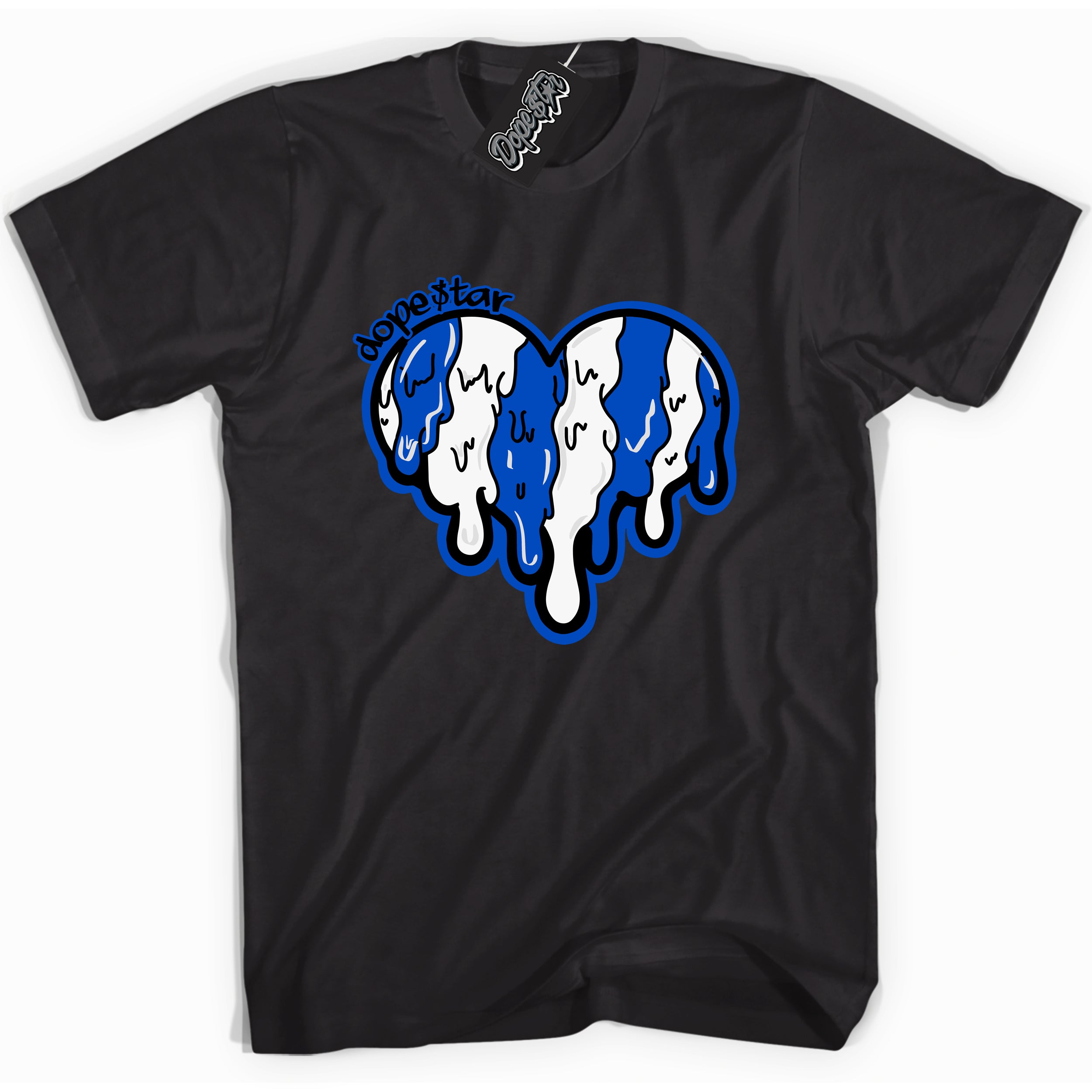 Cool Black graphic tee with Melting Heart print, that perfectly matches OG Royal Reimagined 1s sneakers