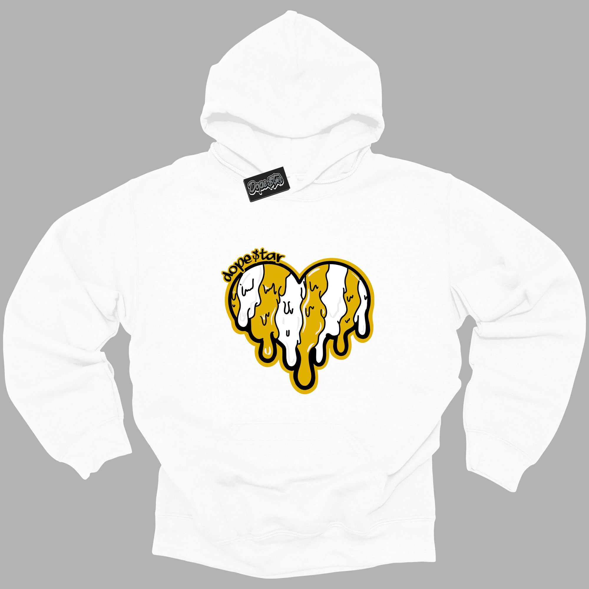 Cool White Hoodie with “ Melting Heart ” design that Perfectly Matches Yellow Ochre 6s Sneakers.