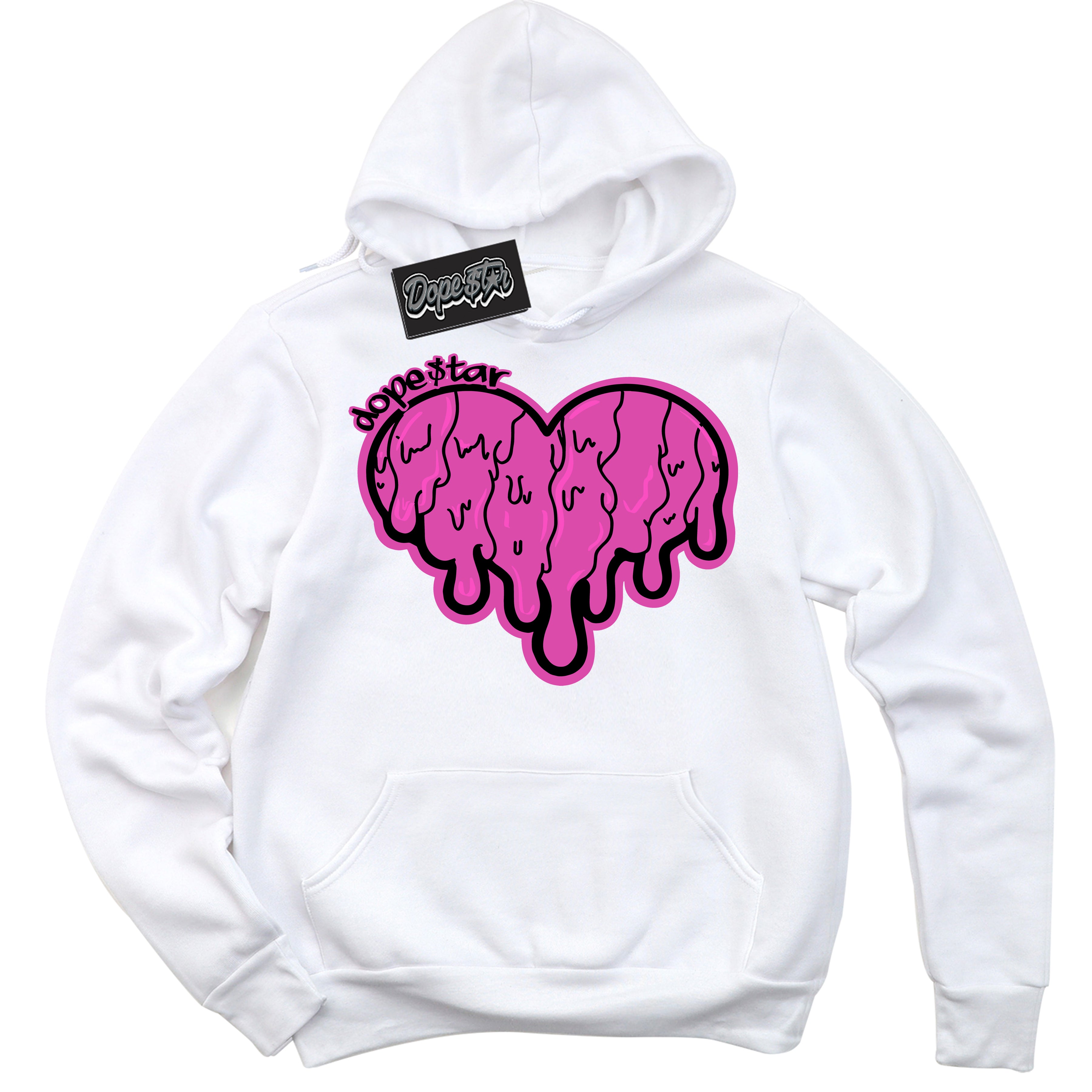 White Hoodie with playful pink and black "Melting Heart" graphic, made to match Air Max 1 Valentine's Day sneakers | Sneaker Shirts Outlet