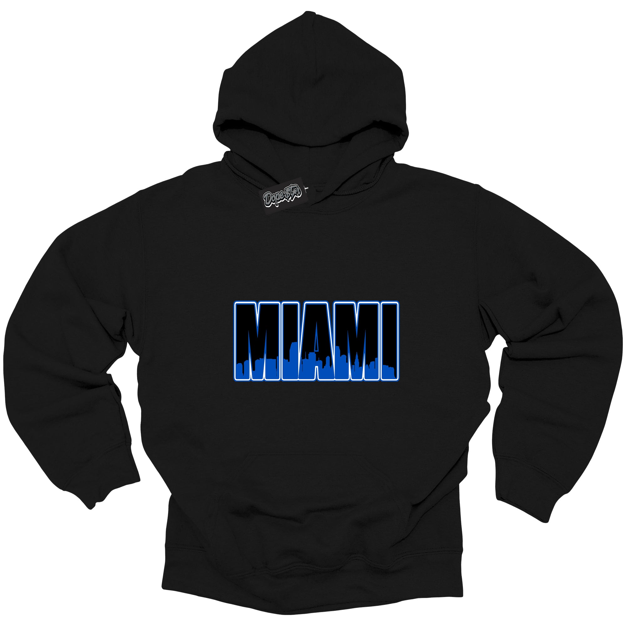 Cool Black Hoodie with “ Miami ” design that Perfectly Matches Royal Reimagined 1s Sneakers.