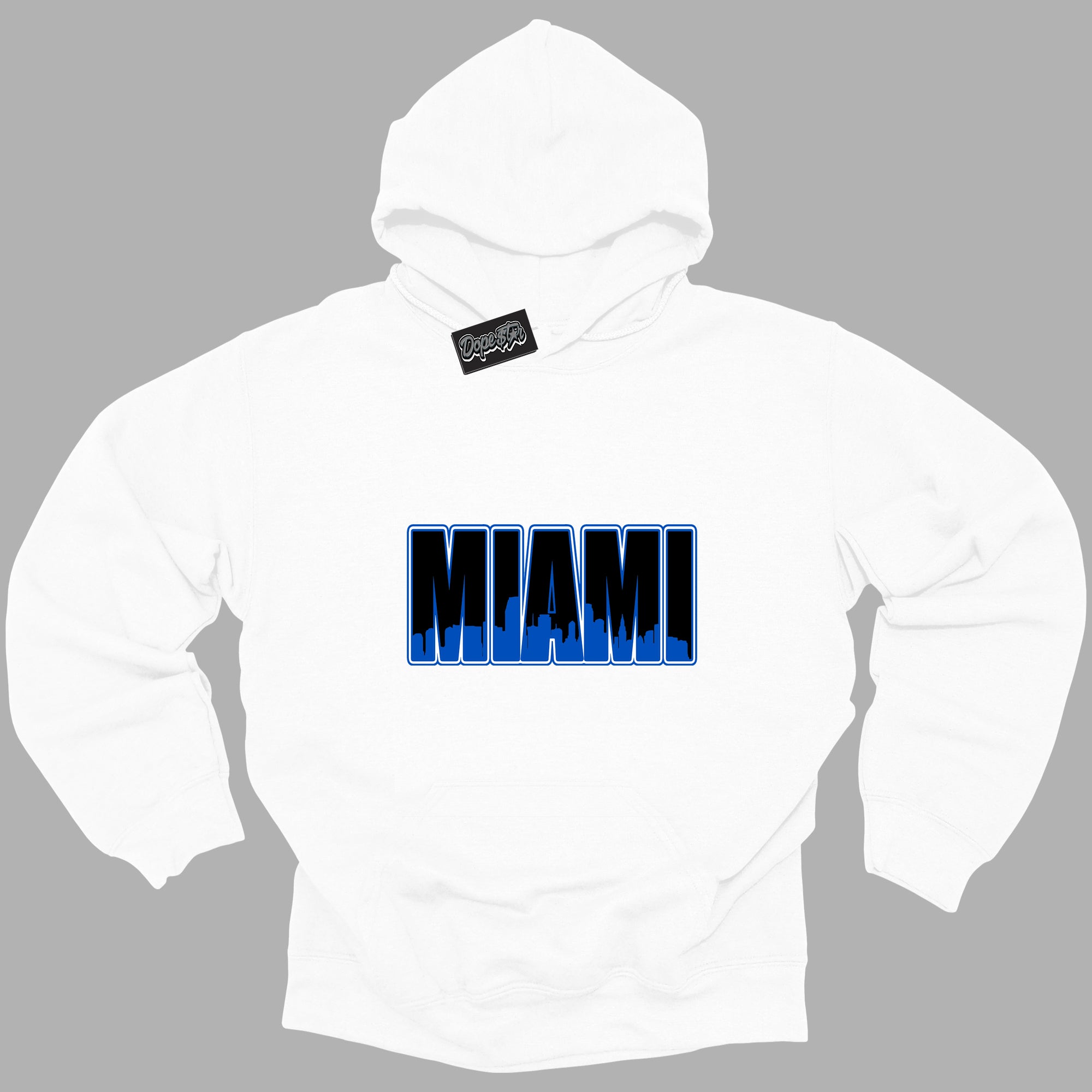 Cool White Hoodie with “ Miami ” design that Perfectly Matches Royal Reimagined 1s Sneakers.