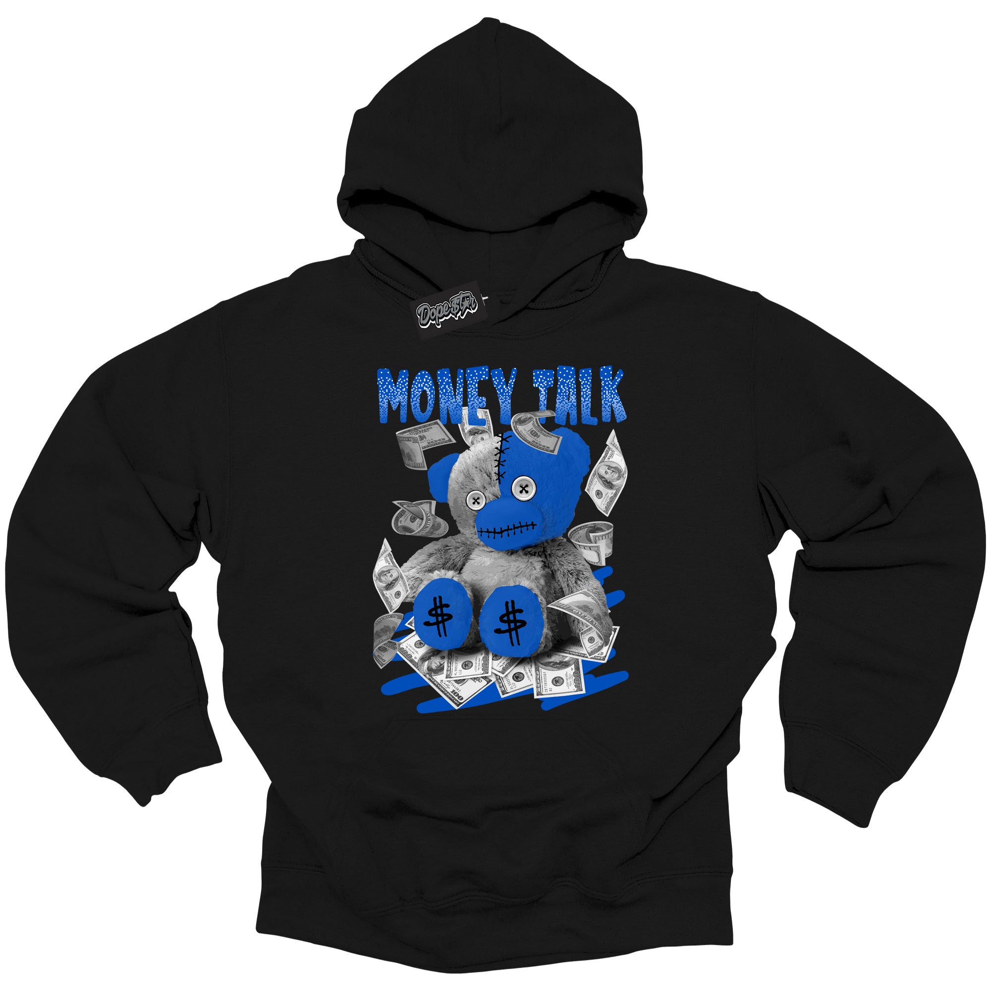 Cool Black Hoodie with “ Money Talk Bear ” design that Perfectly Matches Royal Reimagined 1s Sneakers.