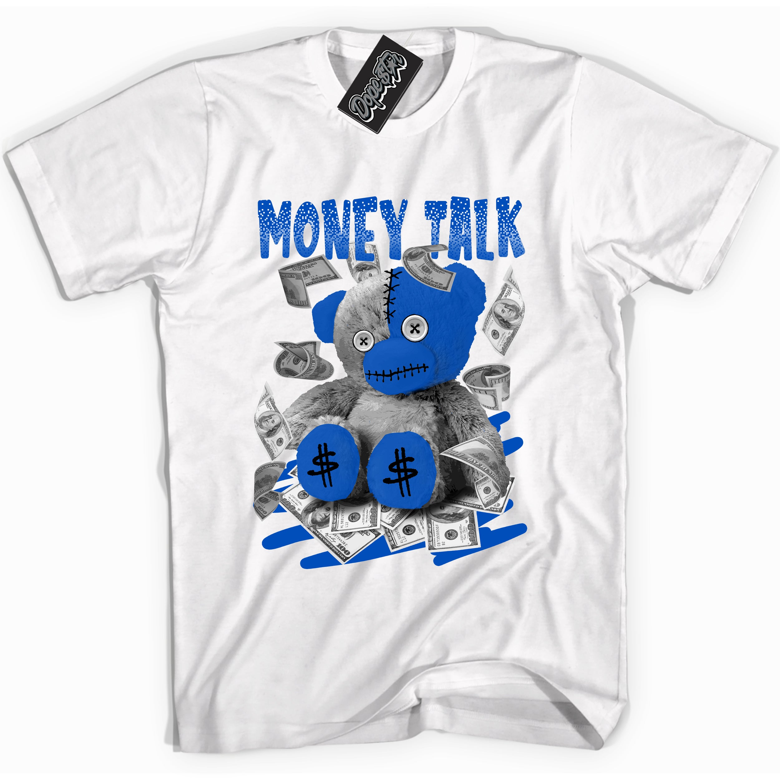 Cool White graphic tee with "Money Talk Bear" design, that perfectly matches Royal Reimagined 1s sneakers