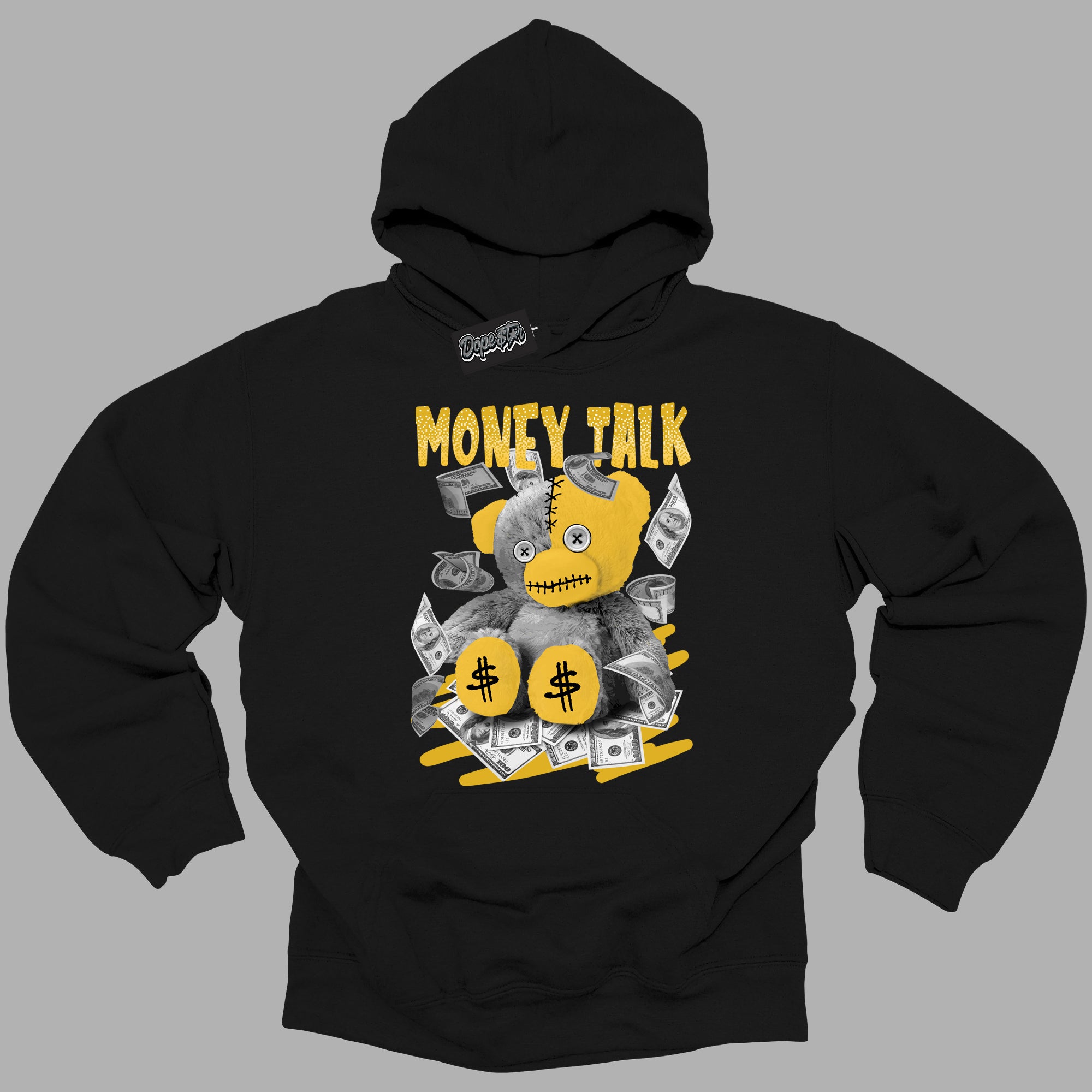 Cool Black Hoodie with “Money Talk Bear ” design that Perfectly Matches Yellow Ochre 6s Sneakers.