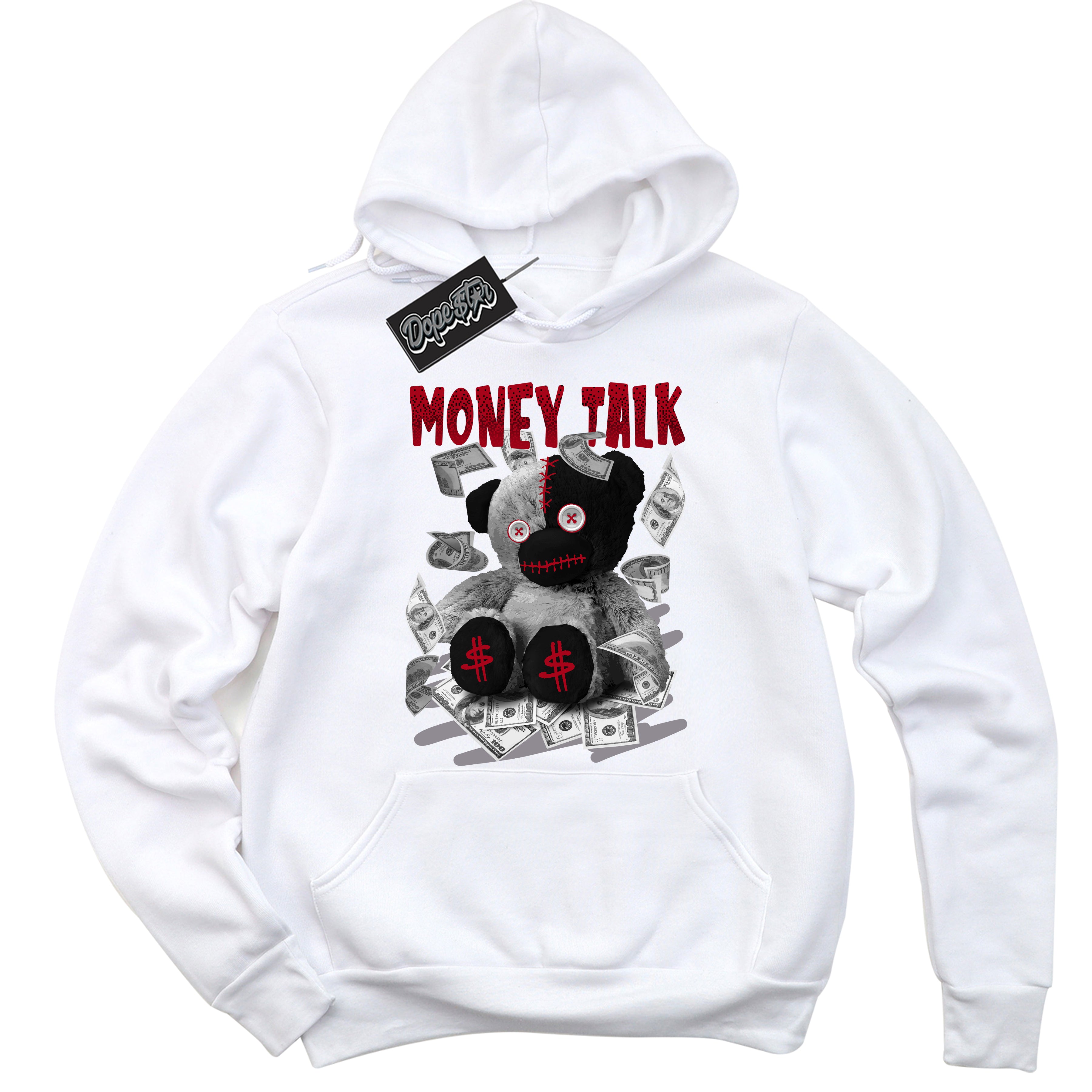 Cool White Hoodie with “ Money Talk Bear ” design that Perfectly Matches Bred Reimagined 4s Jordans.
