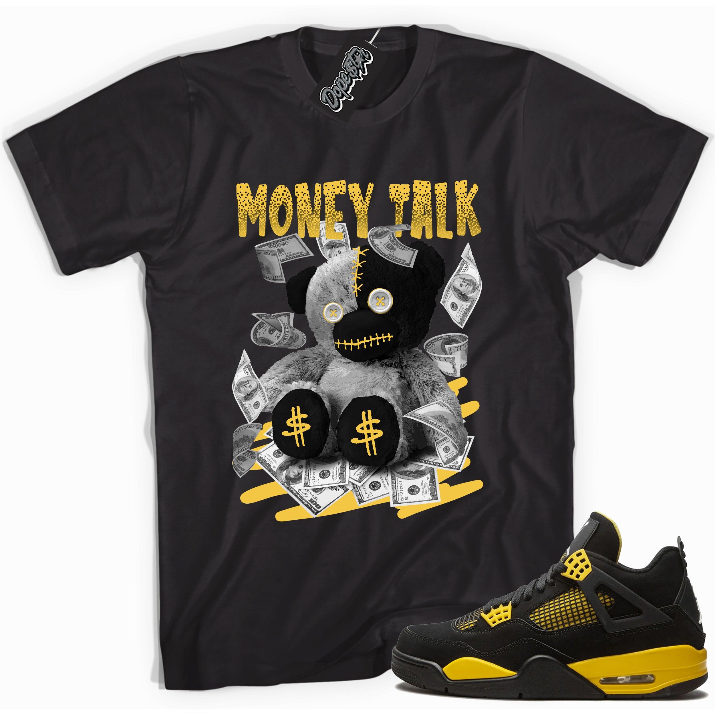 Cool black graphic tee with 'money talk bear' print, that perfectly matches Air Jordan 4 Thunder sneakers