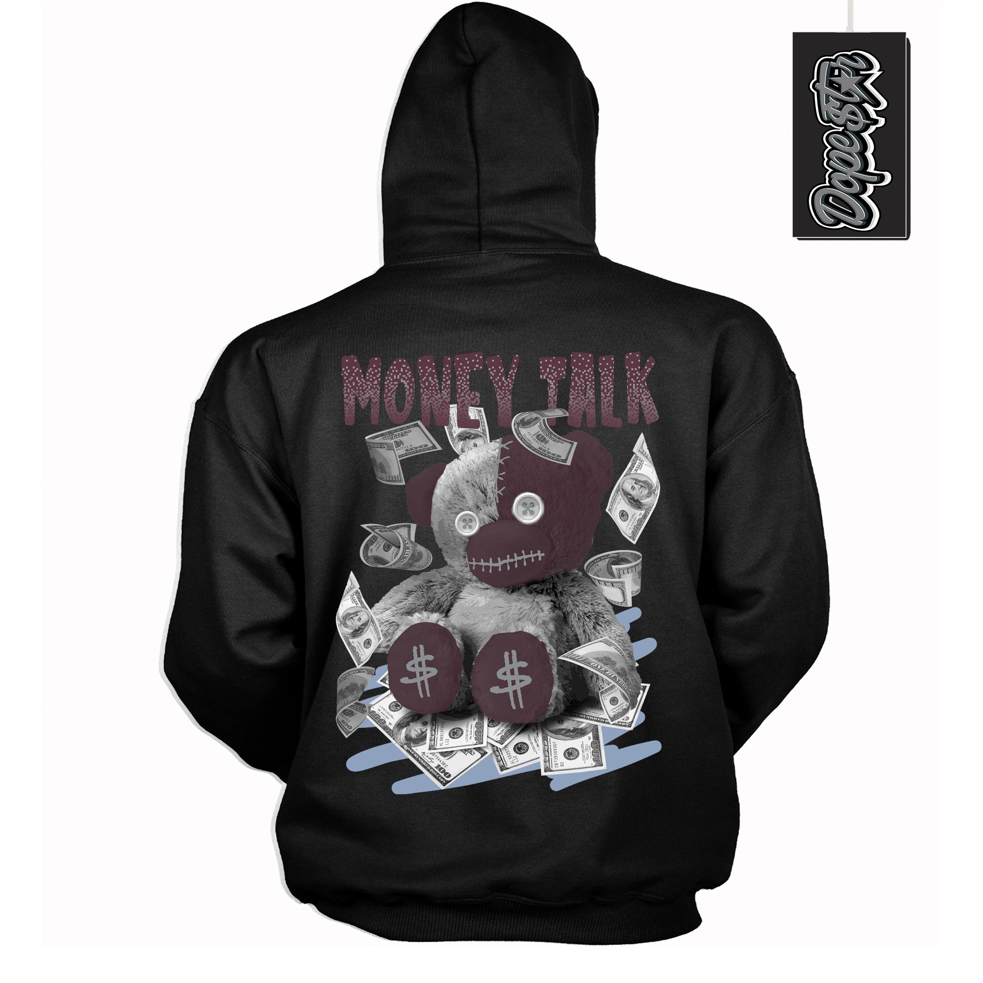 Cool Black Hoodie with “ Money Talk Bear ” design that Perfectly Matches Burgundy 5s Sneakers.