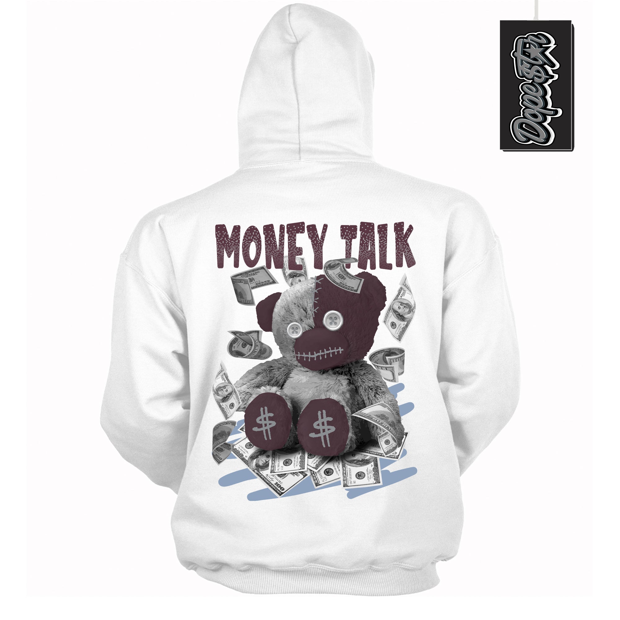Cool White Hoodie with “ Money Talk Bear ” design that Perfectly Matches Burgundy 5s Sneakers.