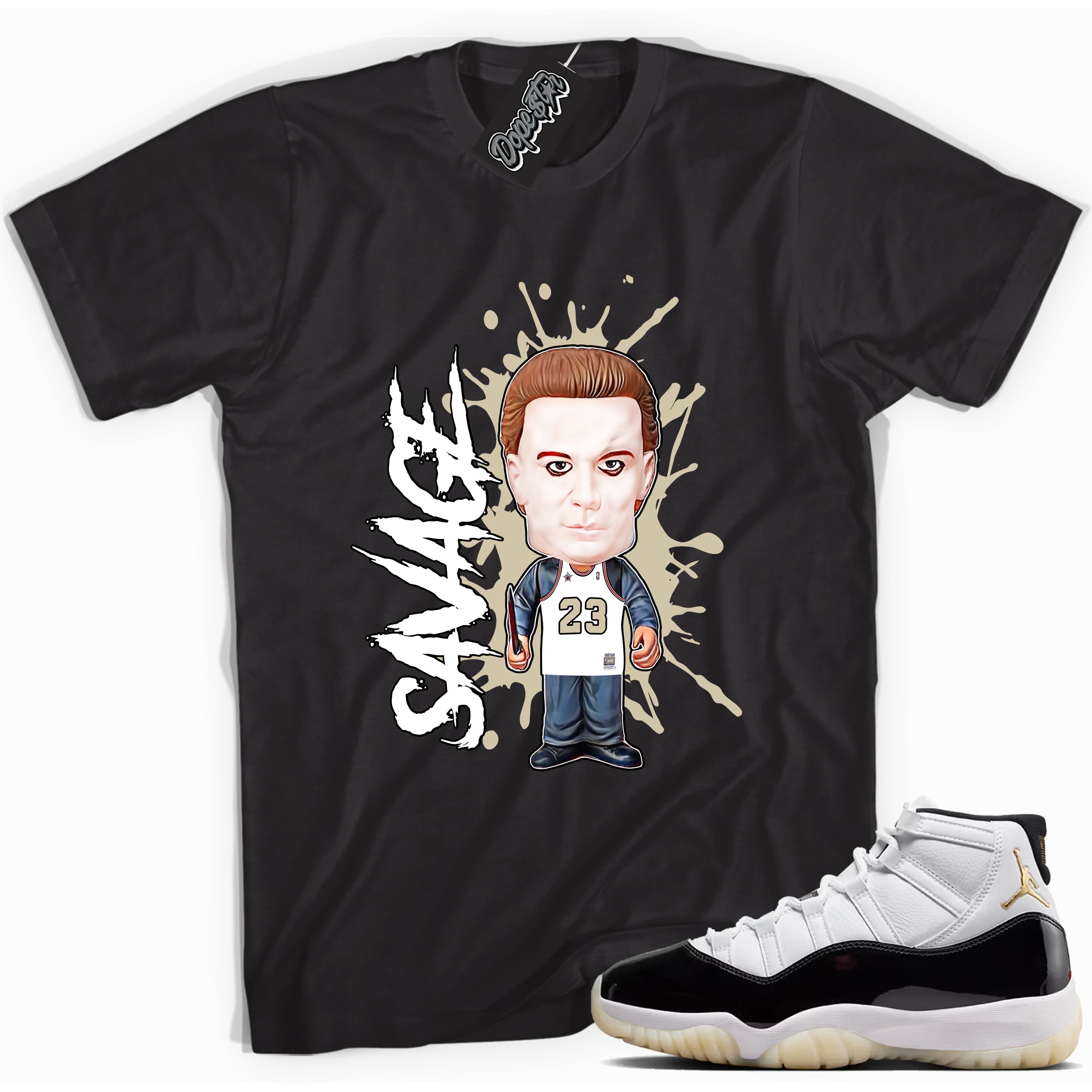 Cool Black graphic tee with “ Savage ” print, that perfectly matches AIR JORDAN 11 GRATITUDE sneakers