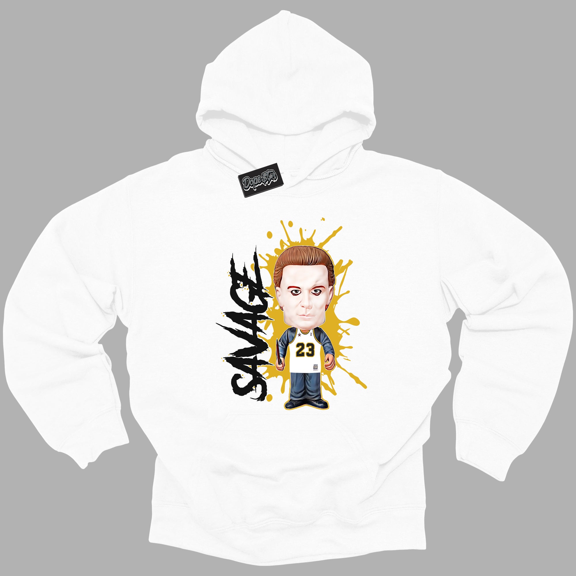 Cool White Hoodie with “ Michael Myers Savage ” design that Perfectly Matches Yellow Ochre 6s Sneakers.