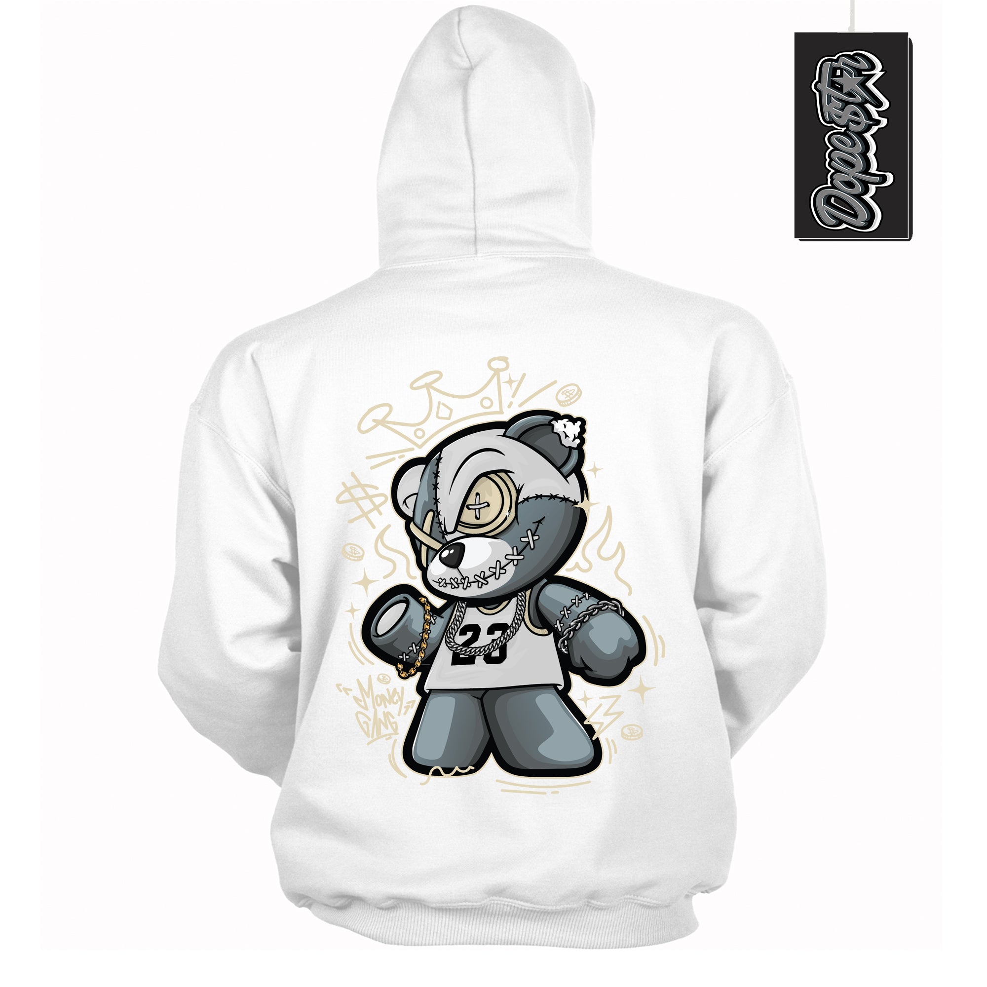 Cool White Hoodie with “ Money Gang Bear ” design that Perfectly Matches Gratitude 11s Sneakers.