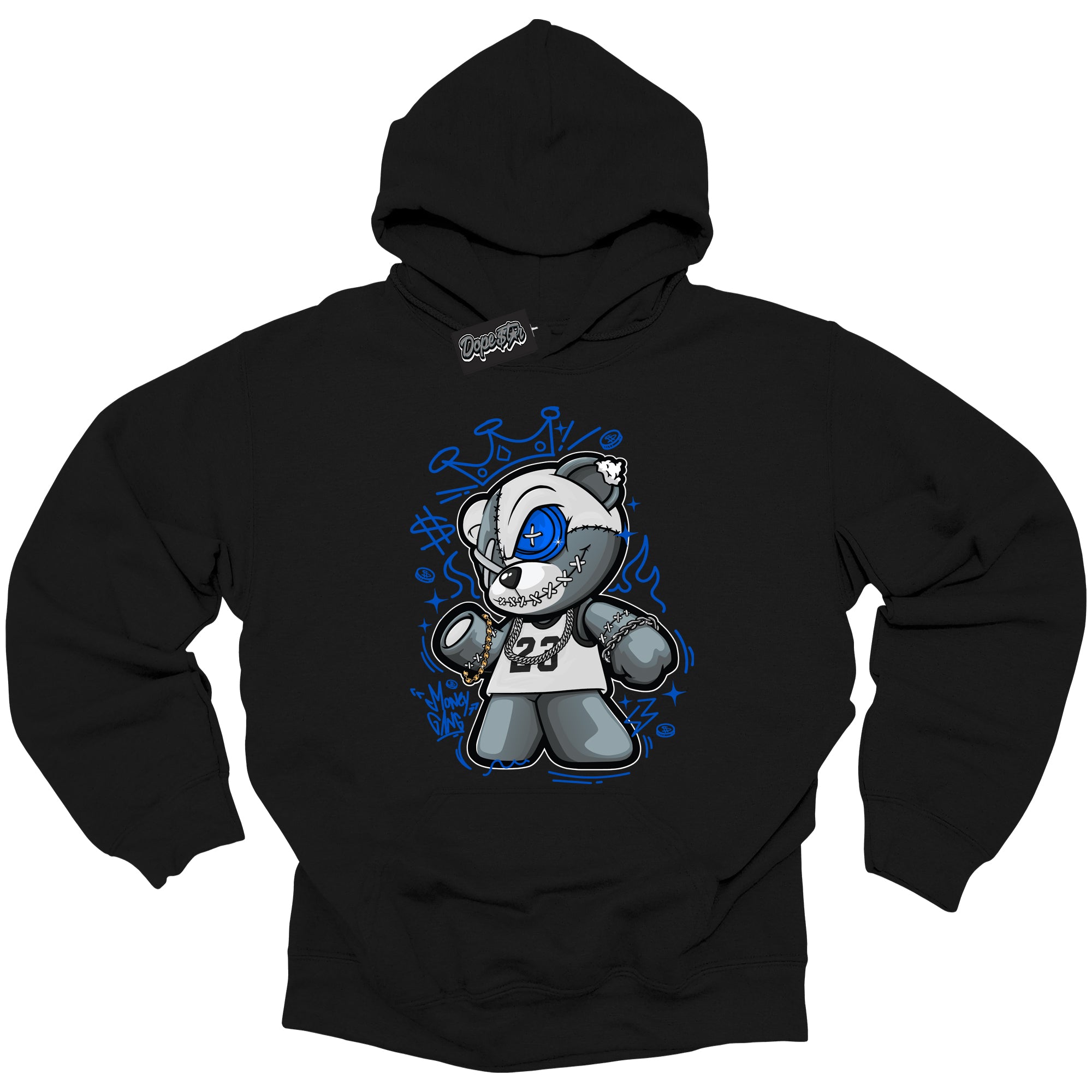 Cool Black Hoodie with “ Money Gang Bear ” design that Perfectly Matches Royal Reimagined 1s Sneakers.