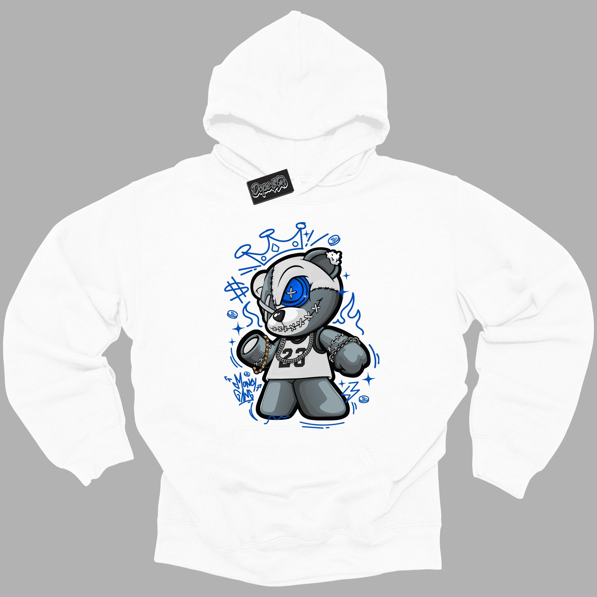 Cool White Hoodie with “ Money Gang Bear ” design that Perfectly Matches Royal Reimagined 1s Sneakers.