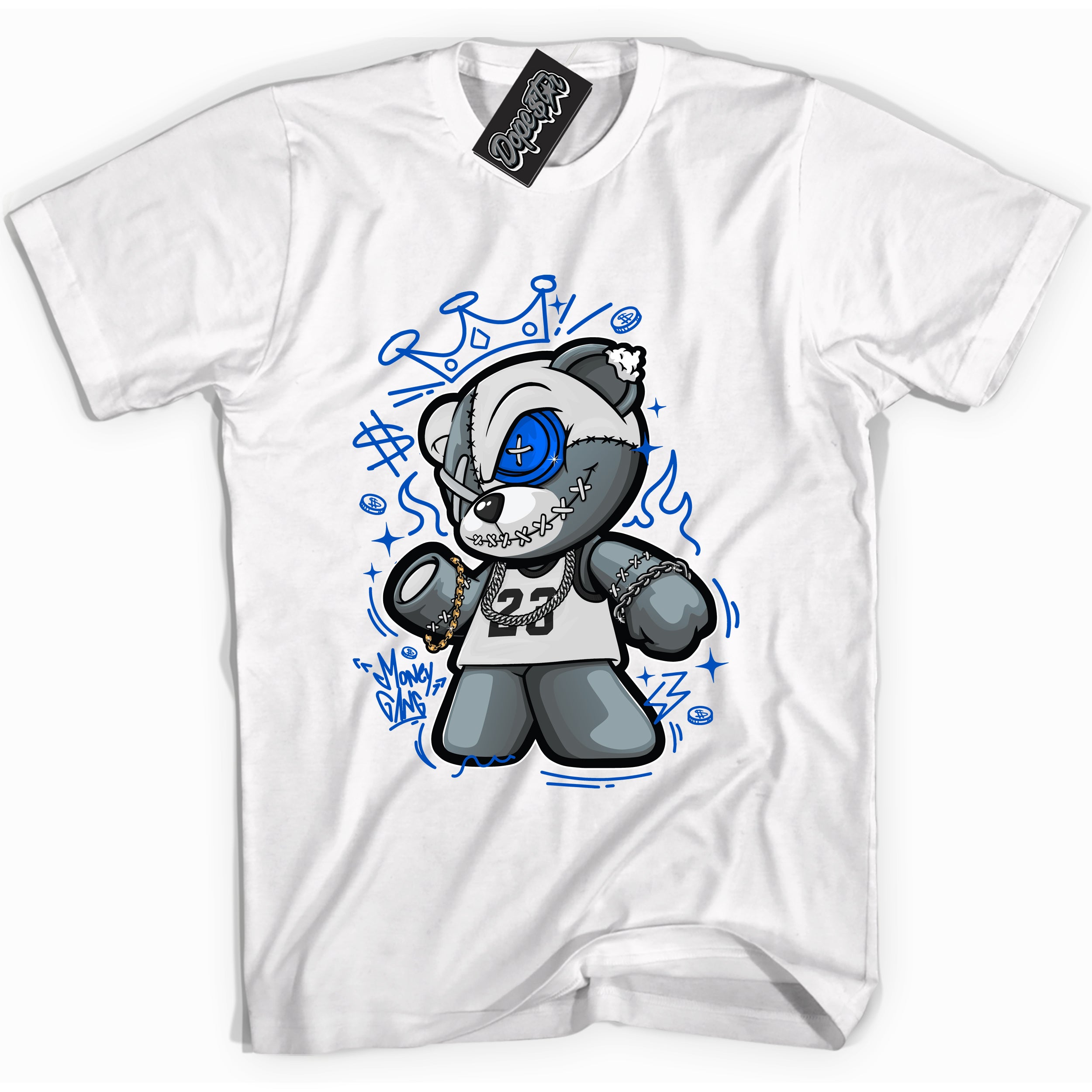 Cool White graphic tee with "Money Gang Bear" design, that perfectly matches Royal Reimagined 1s sneakers