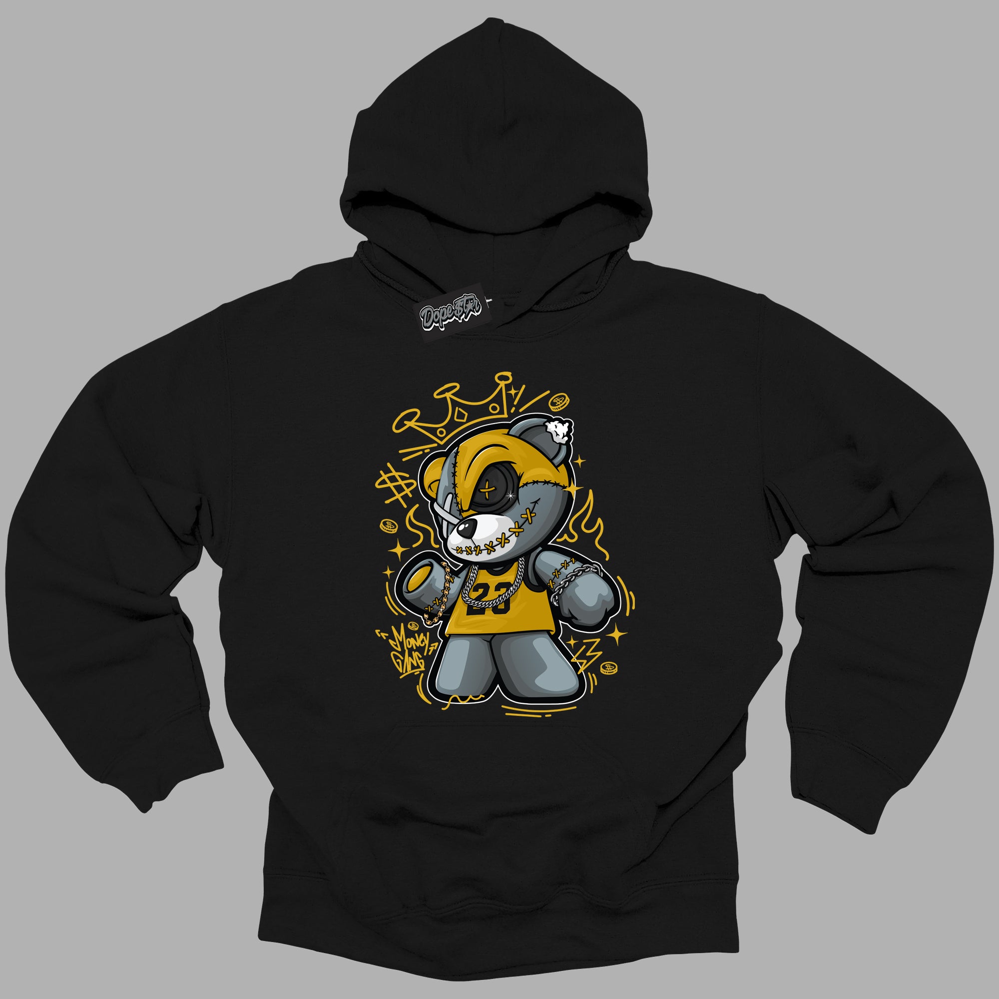 Cool Black Hoodie with “ Money Gang Bear ” design that Perfectly Matches Yellow Ochre 6s Sneakers.