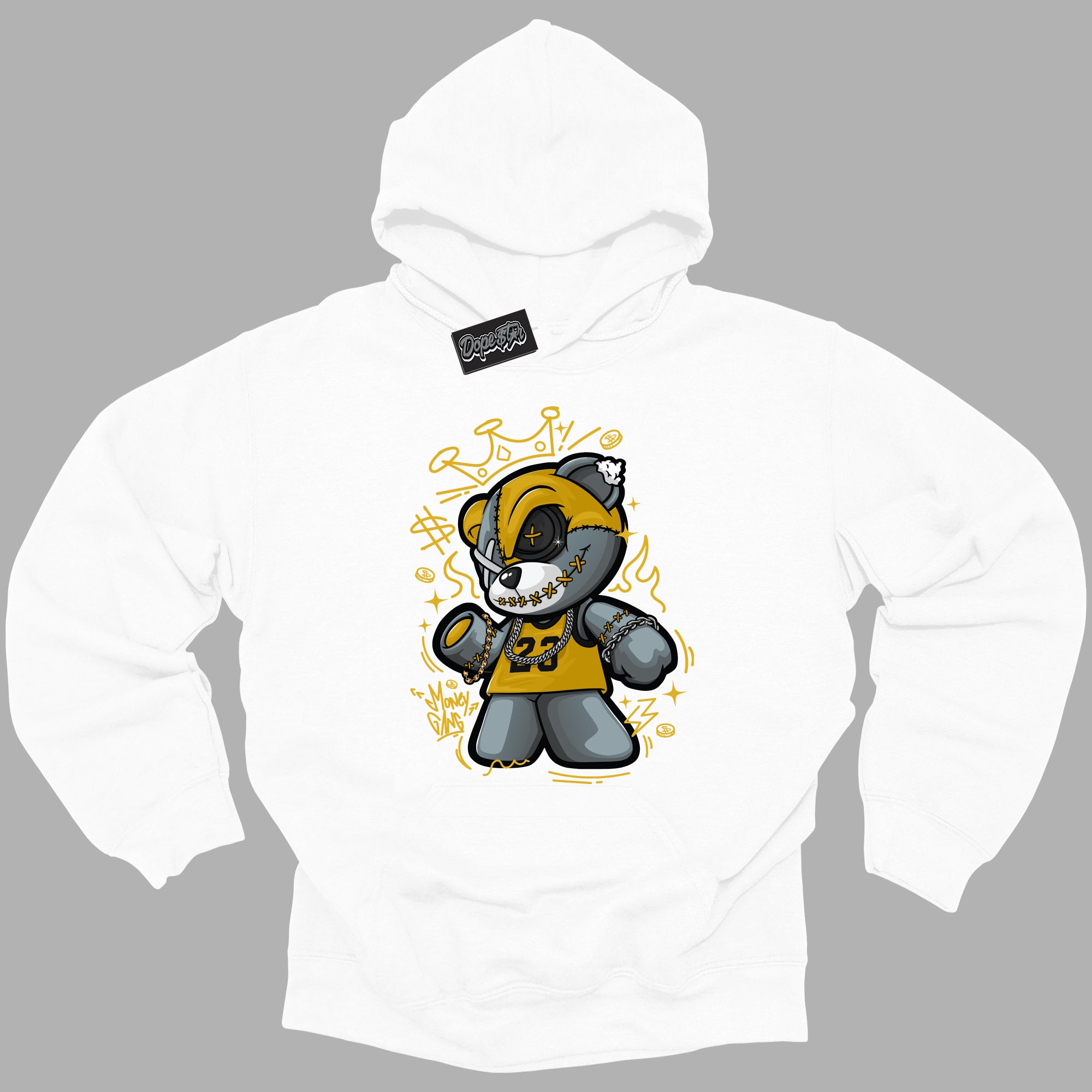 Cool White Hoodie with “ Money Gang Bear ” design that Perfectly Matches Yellow Ochre 6s Sneakers.