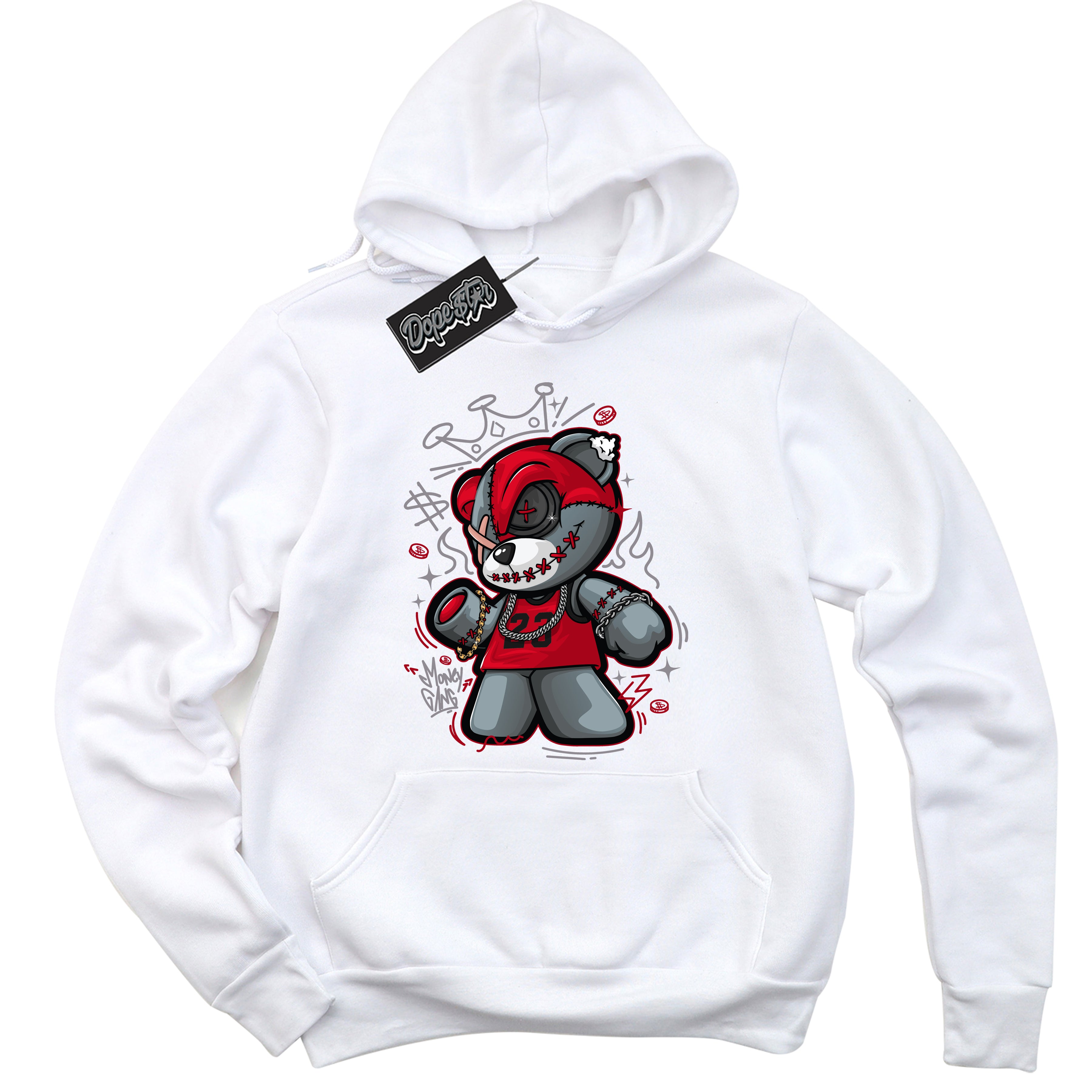 Cool White Hoodie with “ Money Gang Bear ” design that Perfectly Matches Bred Reimagined 4s Jordans.