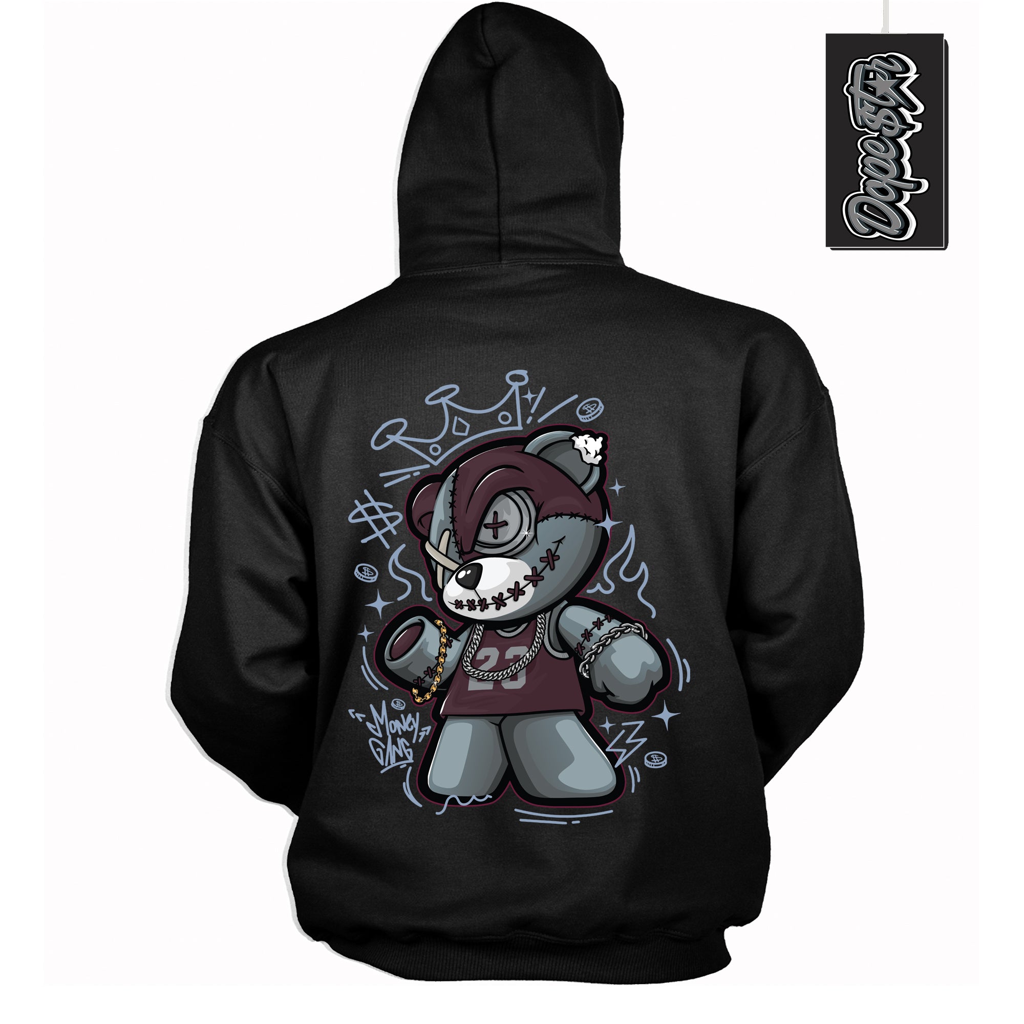 Cool Black Hoodie with “ Money Gang Bear ” design that Perfectly Matches Burgundy 5s Sneakers.