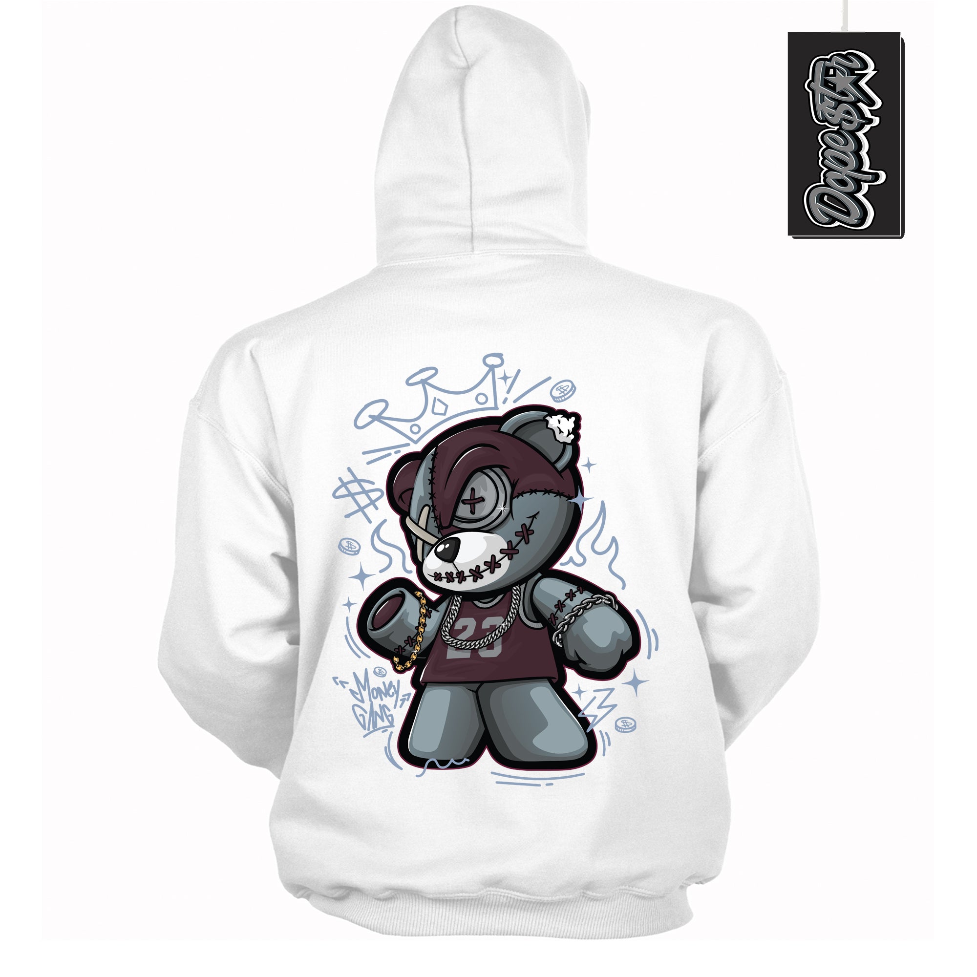 Cool White Hoodie with “ Money Gang Bear ” design that Perfectly Matches Burgundy 5s Sneakers.