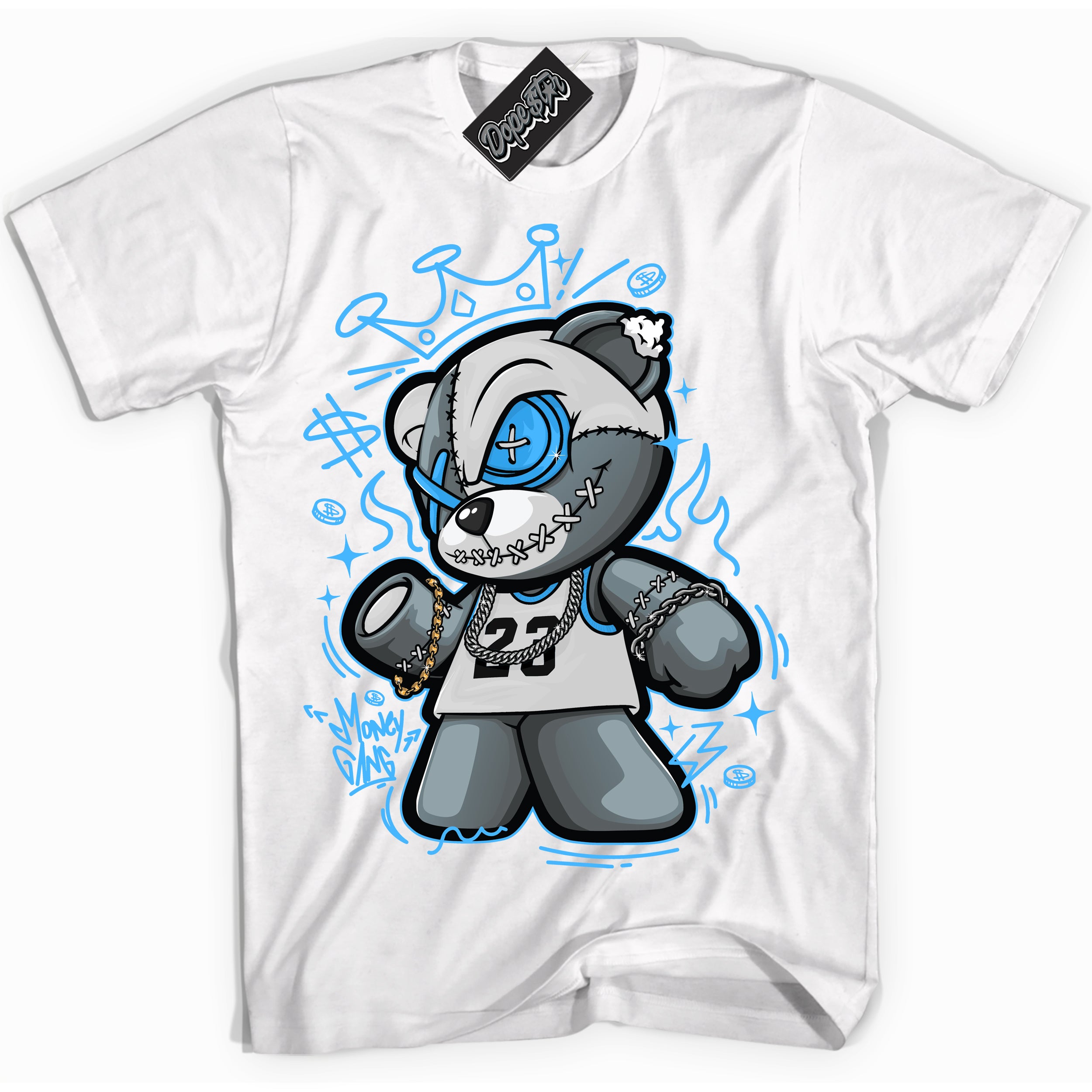 Cool White graphic tee with “ Money Gang Bear ” design, that perfectly matches Powder Blue 9s sneakers