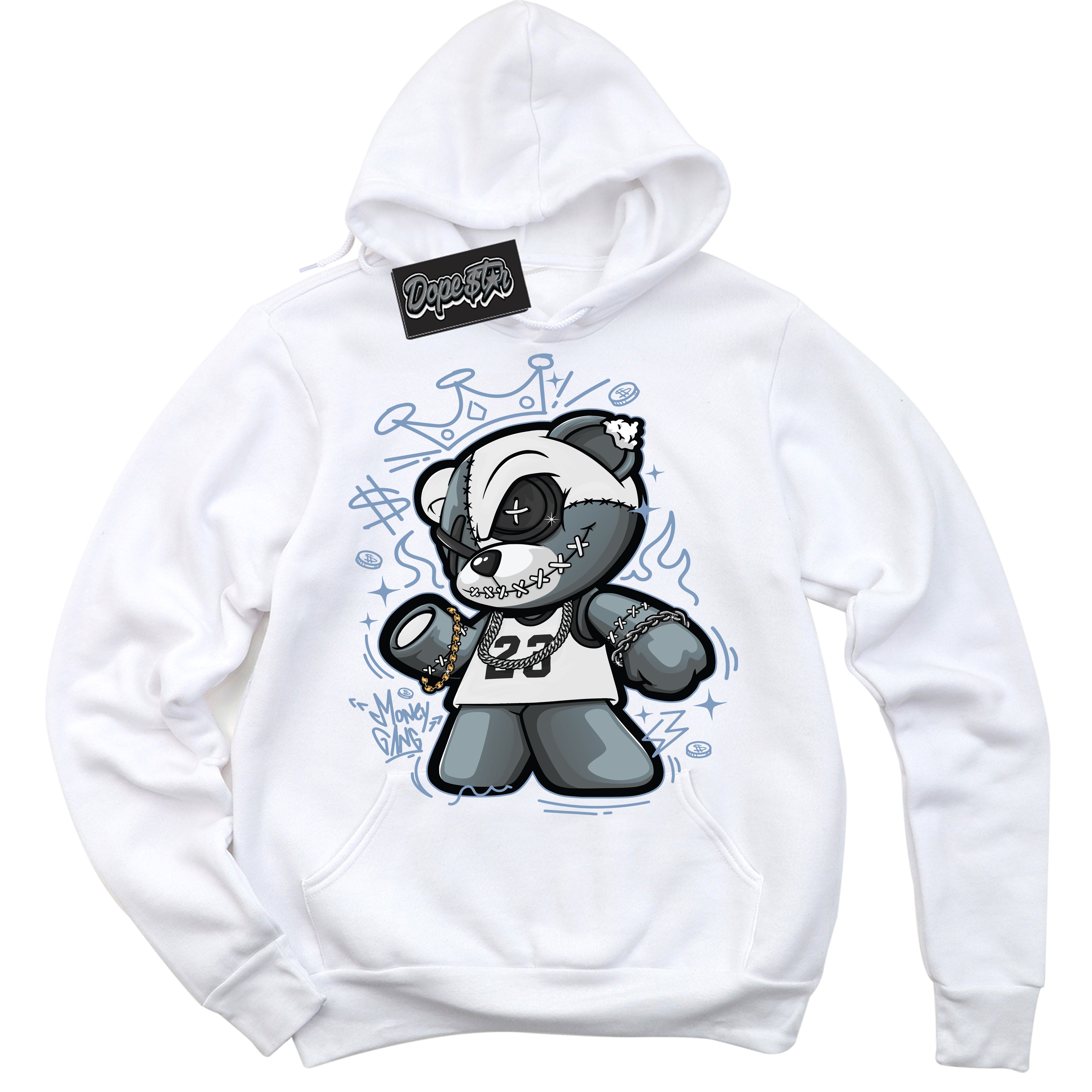 Cool White Hoodie with “ Money Gang Bear ” design that Perfectly Matches Reverse Oreo 6s Sneakers.