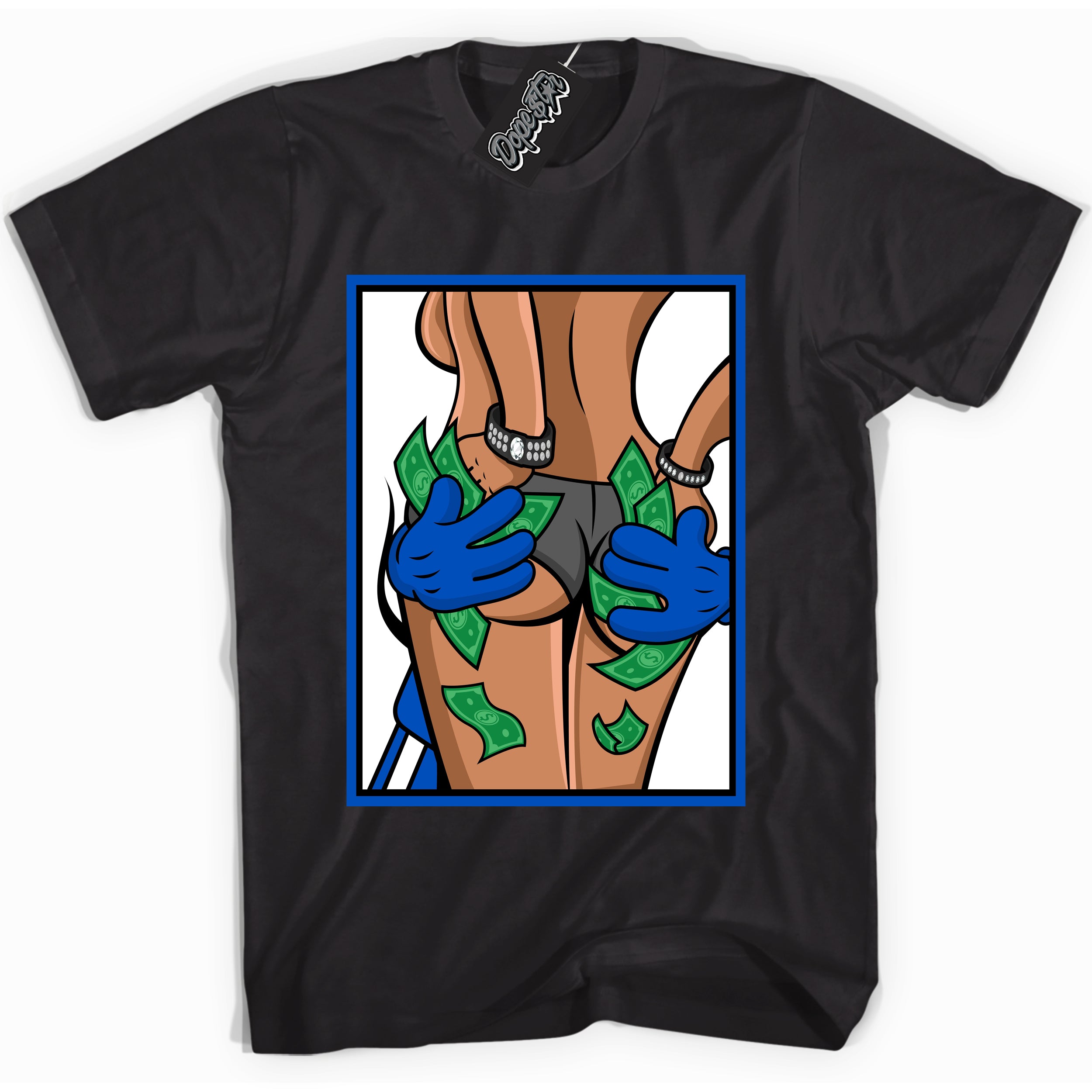 Cool Black graphic tee with Money Hands print, that perfectly matches OG Royal Reimagined 1s sneakers