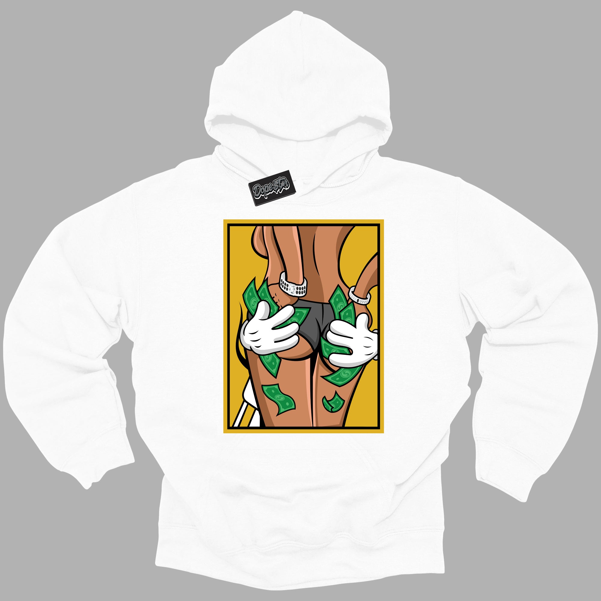 Cool White Hoodie with “ Money Hands ” design that Perfectly Matches Yellow Ochre 6s Sneakers.