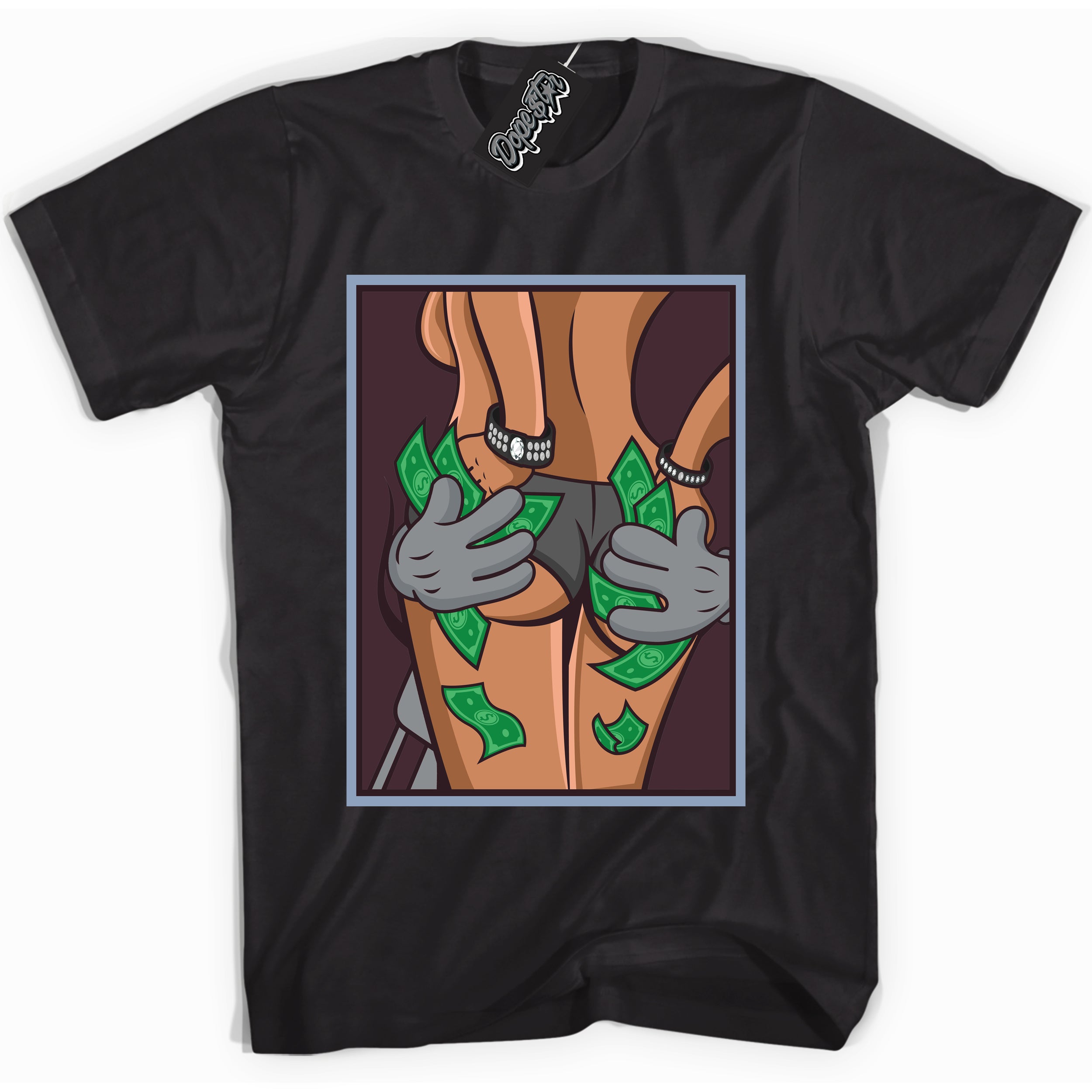 Cool Black Shirt with “ Money Hands” design that perfectly matches Burgundy 5s Sneakers.