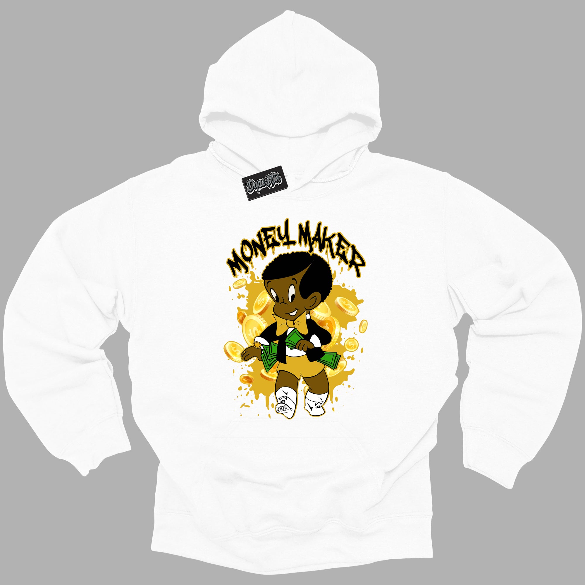 Cool White Hoodie with “Money Maker ” design that Perfectly Matches Yellow Ochre 6s Sneakers.