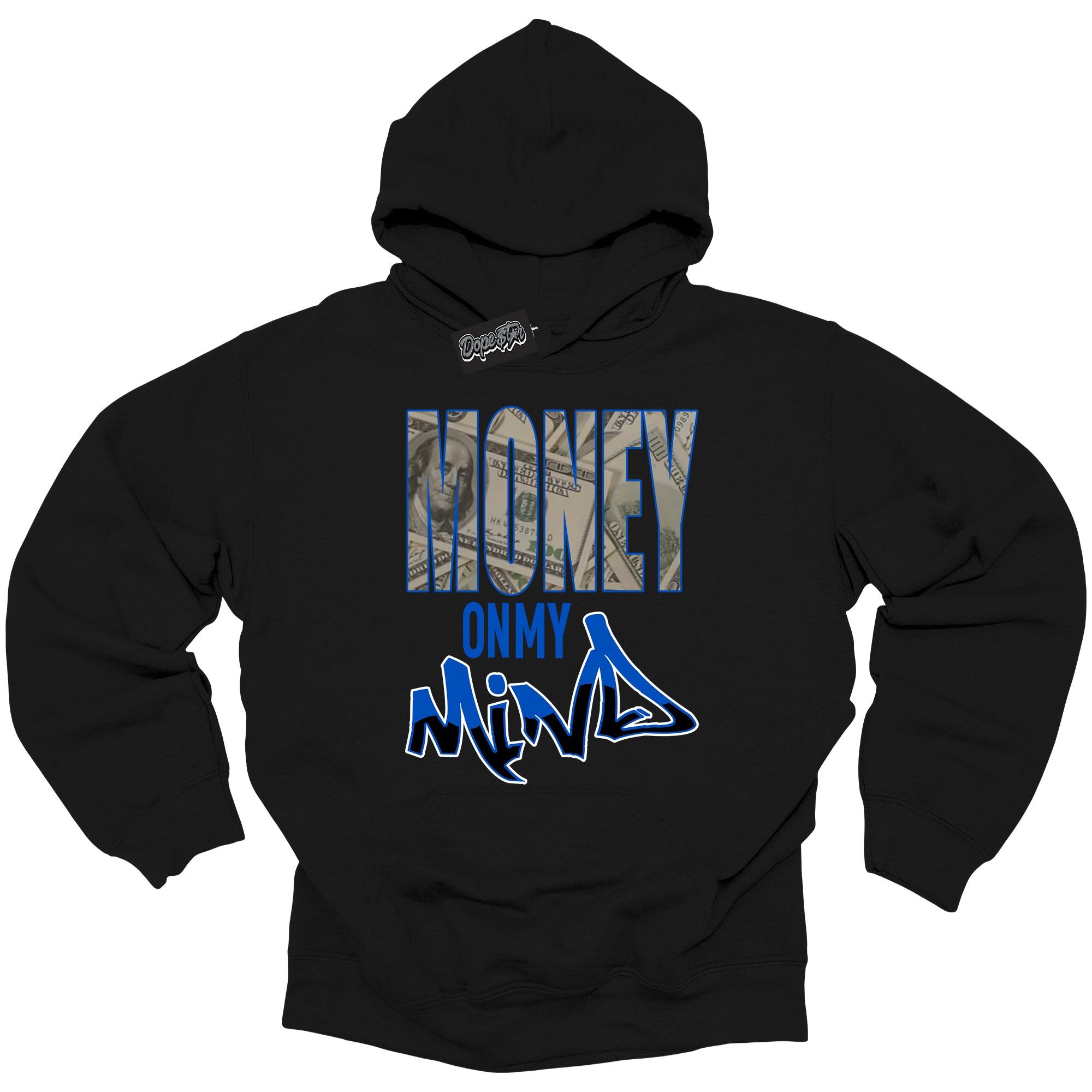 Cool Black Hoodie with “ Money On My Mind ” design that Perfectly Matches Royal Reimagined 1s Sneakers.