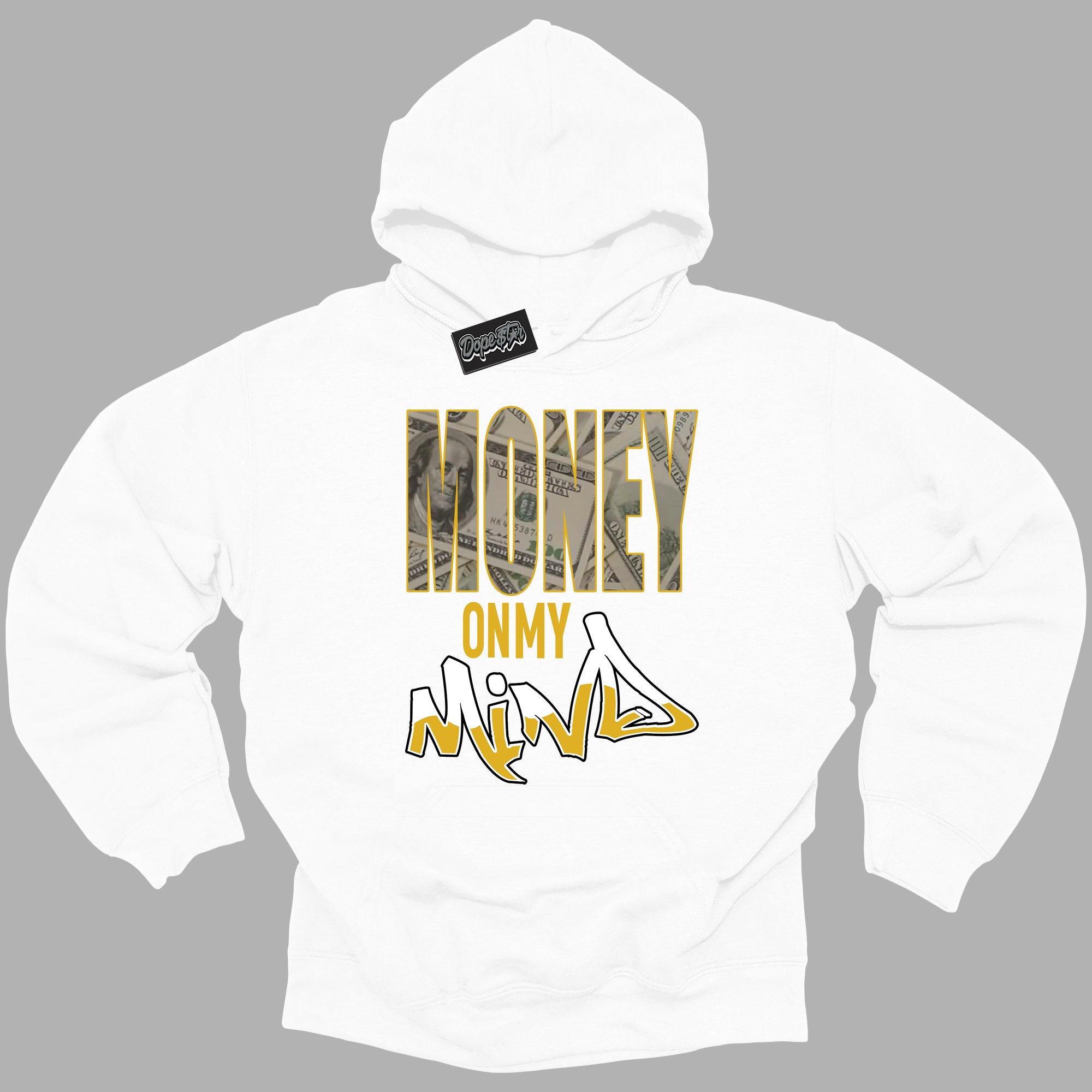 Cool White Hoodie with “ Money On My Mind ” design that Perfectly Matches Yellow Ochre 6s Sneakers.