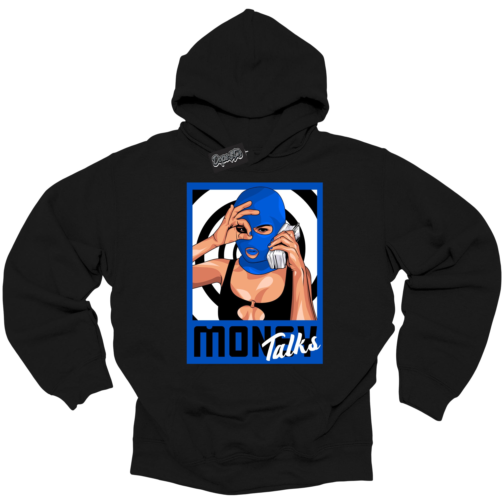 Cool Black Hoodie with “ Money Talks ” design that Perfectly Matches Royal Reimagined 1s Sneakers.