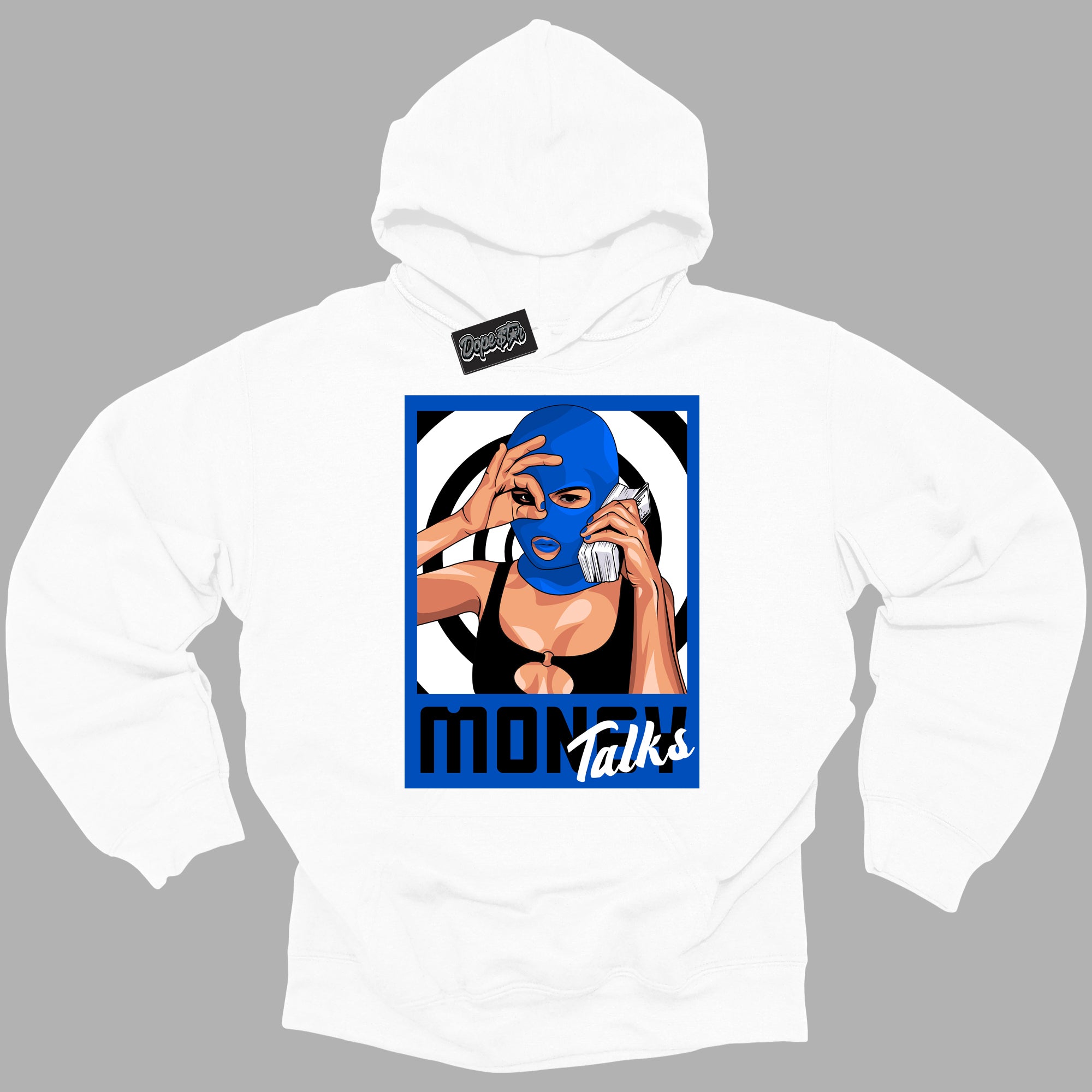Cool White Hoodie with “ Money Talks ” design that Perfectly Matches Royal Reimagined 1s Sneakers.