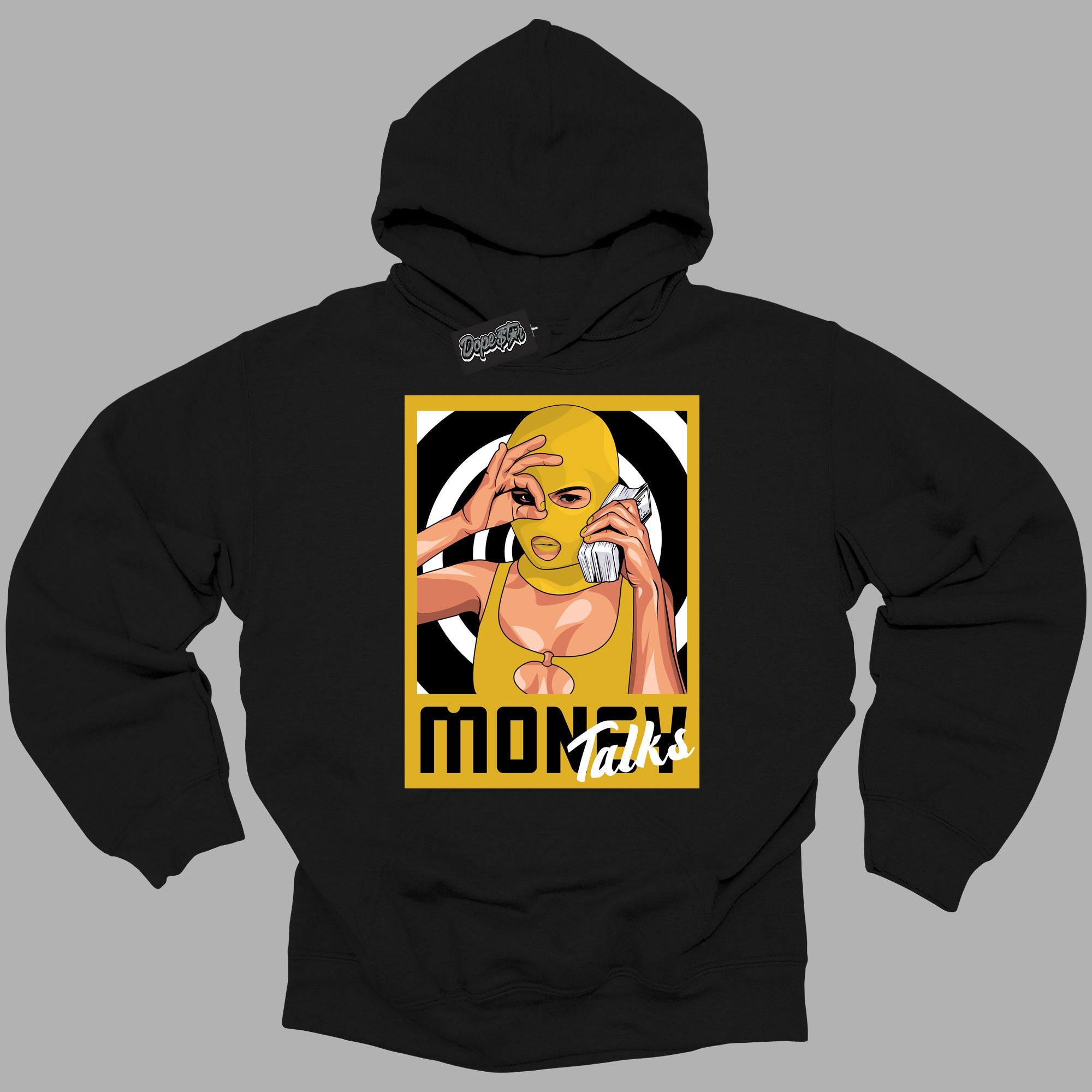 Cool Black Hoodie with “ Money Talks ” design that Perfectly Matches Yellow Ochre 6s Sneakers.