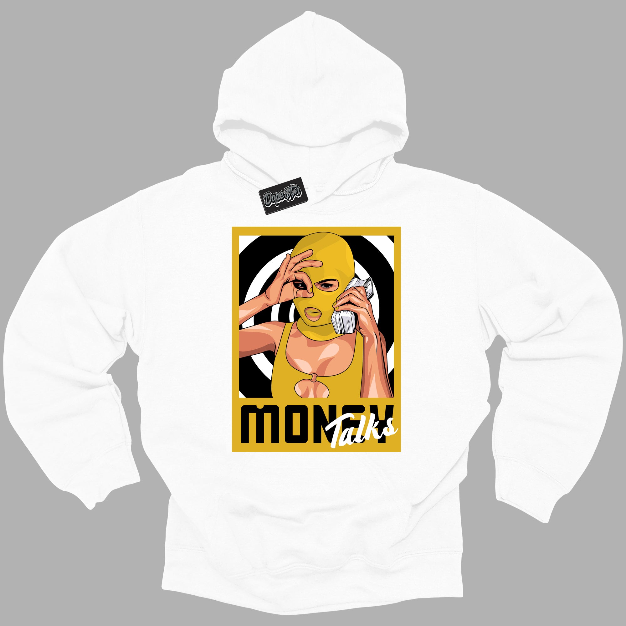 Cool White Hoodie with “ Money Talks ” design that Perfectly Matches Yellow Ochre 6s Sneakers.
