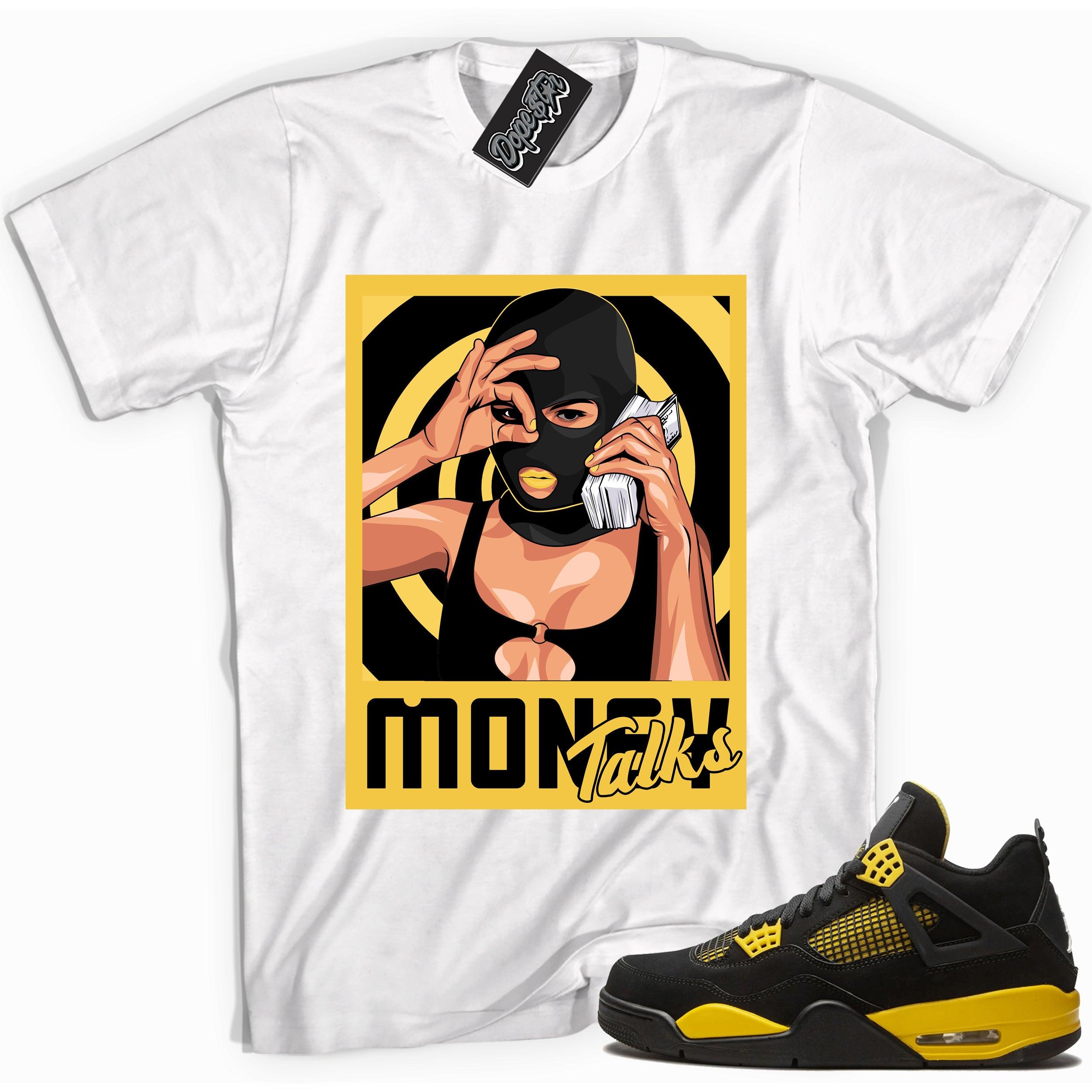 Cool white graphic tee with 'King' print, that perfectly matches Air Jordan 4 Thunder sneakers