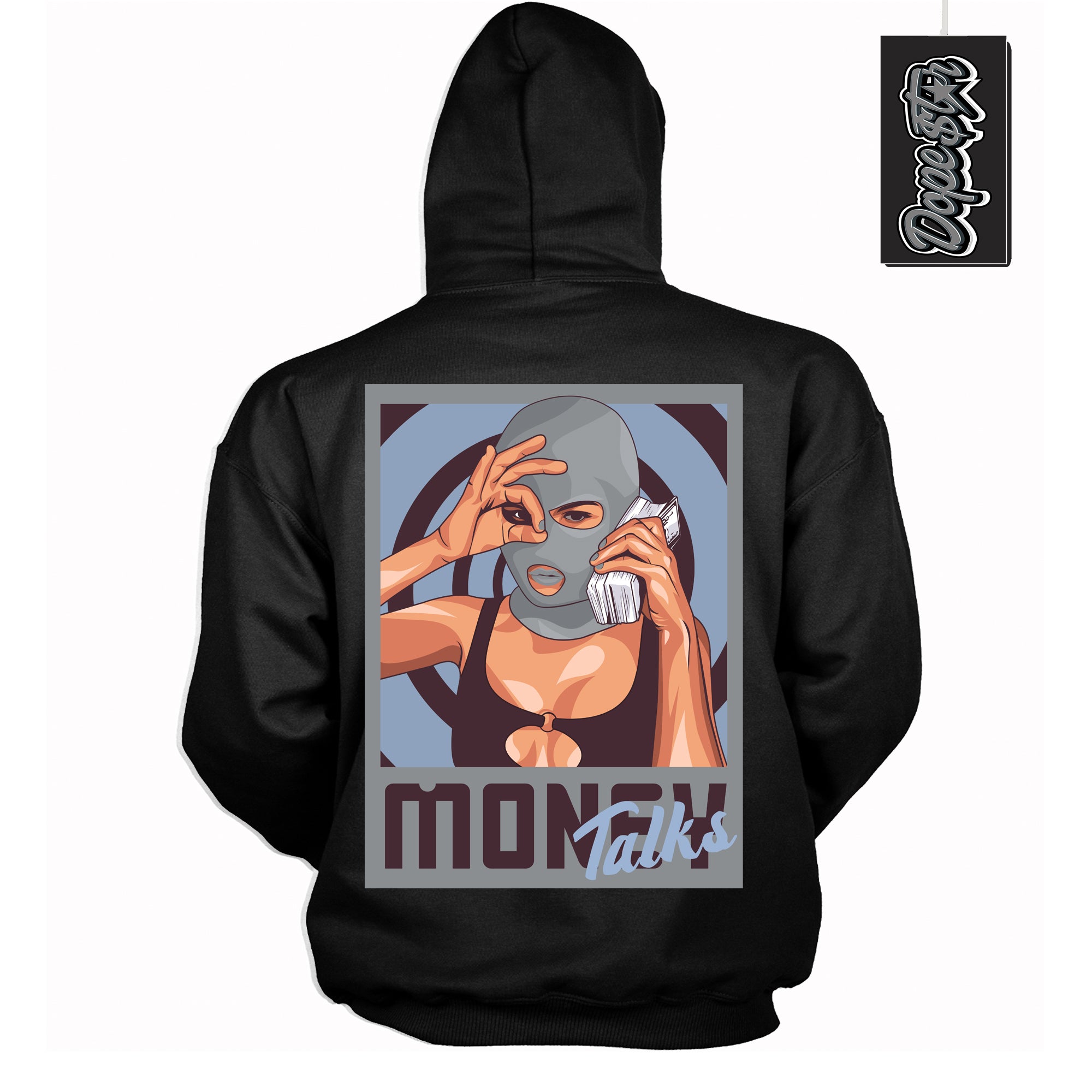 Cool Black Hoodie with “ Money Talks ” design that Perfectly Matches Burgundy 5s Sneakers.