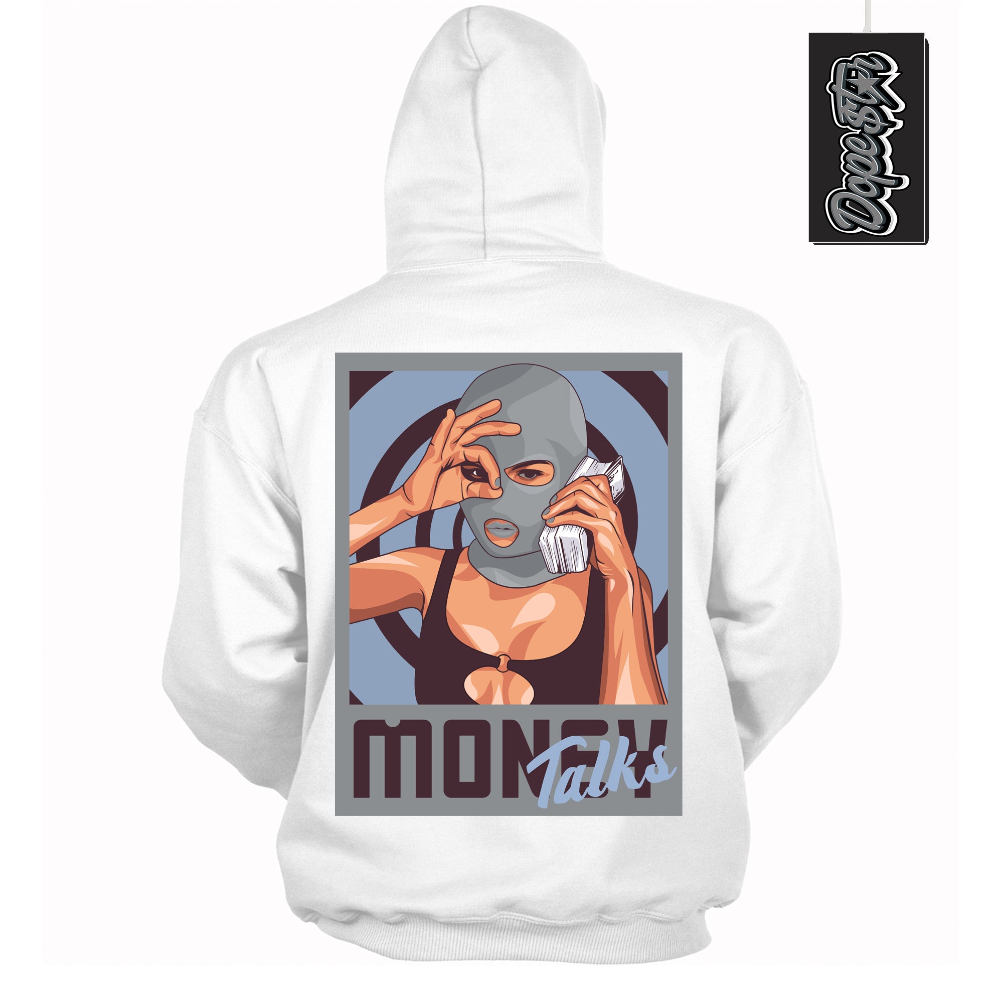 Cool White Hoodie with “ Money Talks ” design that Perfectly Matches Burgundy 5s Sneakers.