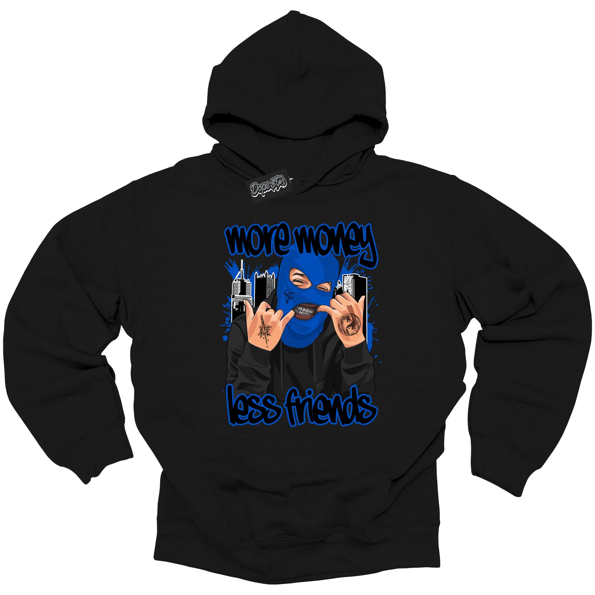 Cool Black Hoodie with “ More Money Less Friends ” design that Perfectly Matches Royal Reimagined 1s Sneakers.