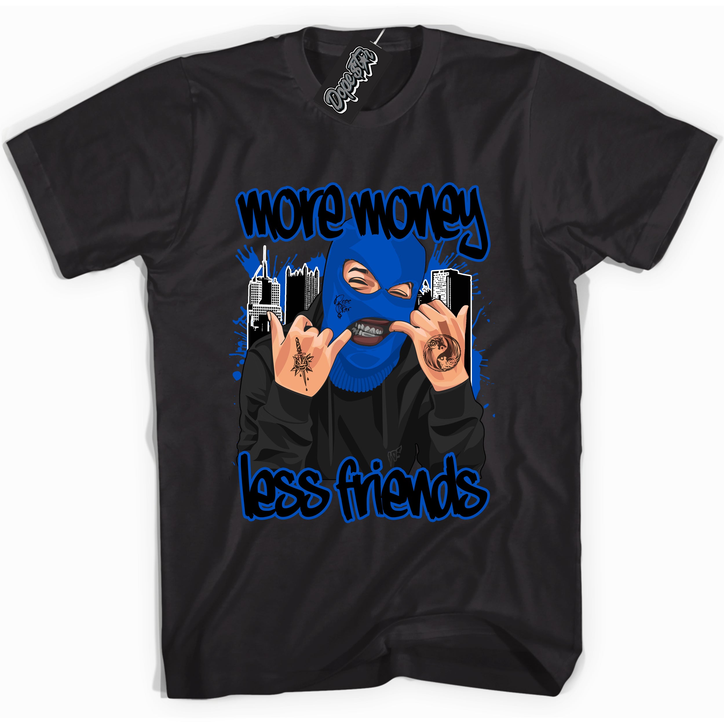 Cool Black graphic tee with "More Money Less Friends" design, that perfectly matches Royal Reimagined 1s sneakers