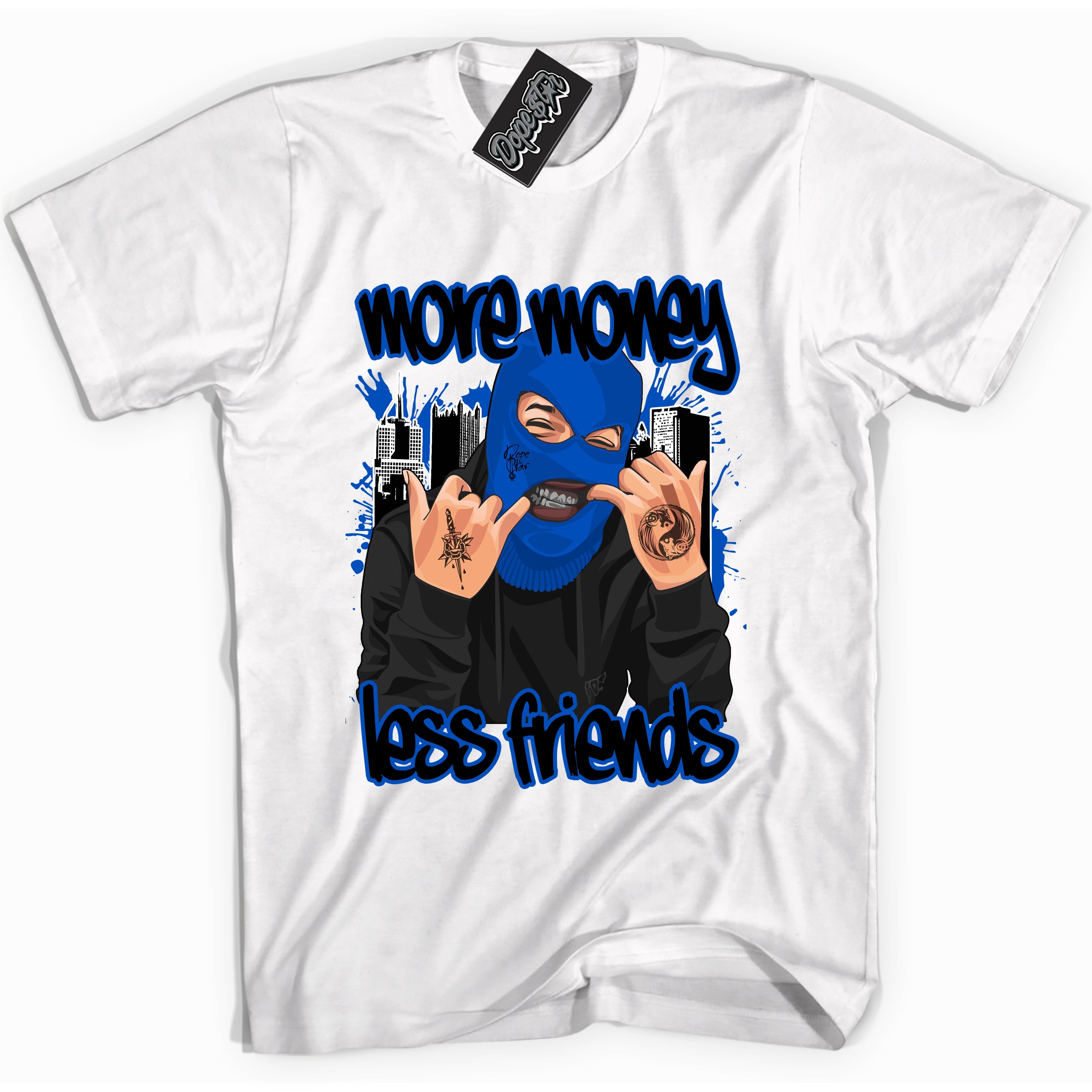 Cool White graphic tee with "More Money Less Friends" design, that perfectly matches Royal Reimagined 1s sneakers