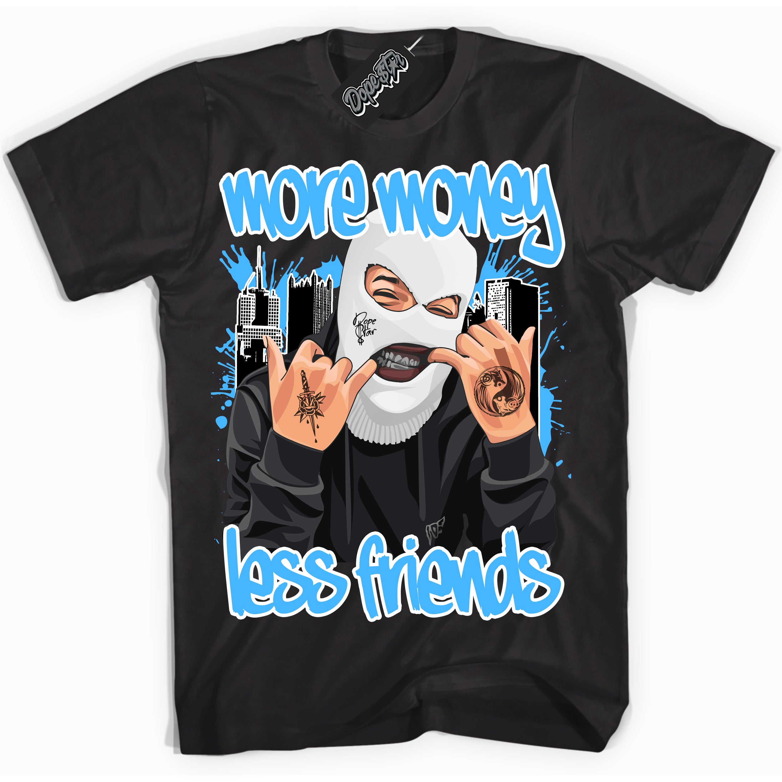 Cool Black graphic tee with “ Money More Less Friends ” design, that perfectly matches Powder Blue 9s sneakers